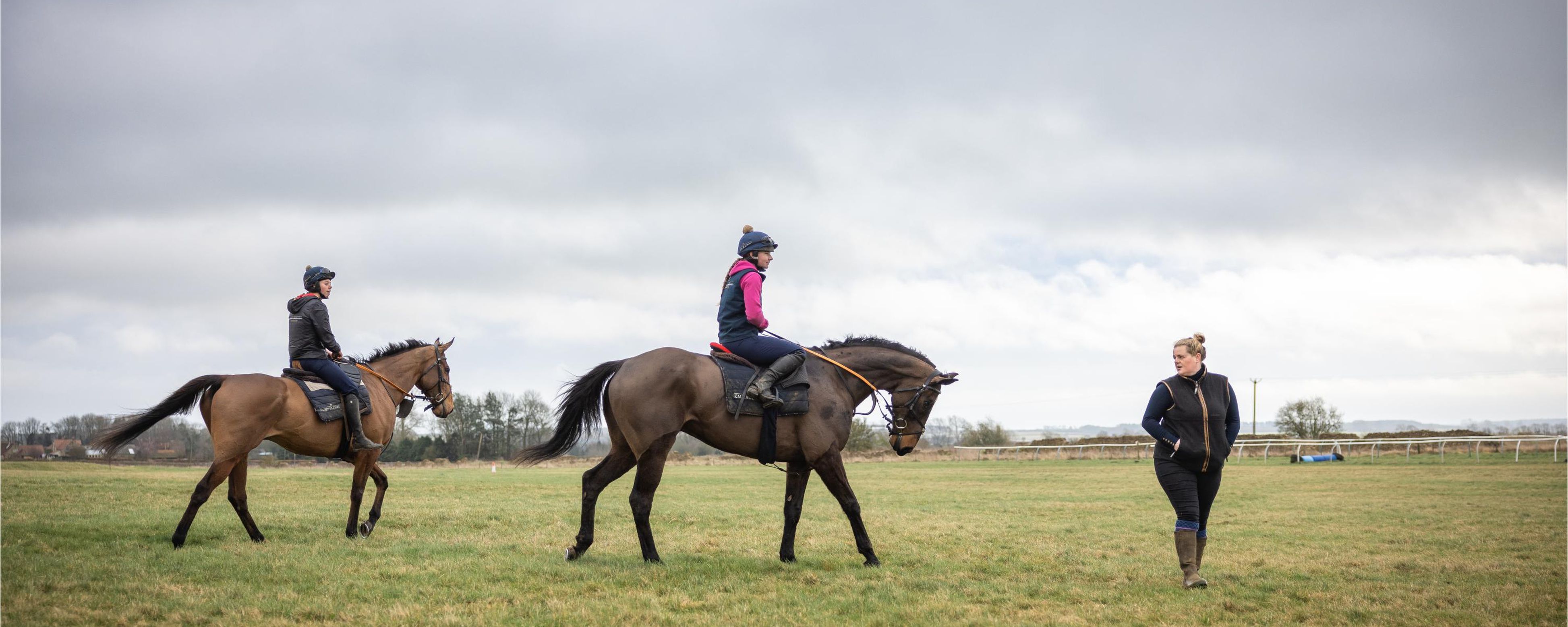 Two people can be seen riding brown horses whilst working to the right of the frame towards another individual walking in front of them.