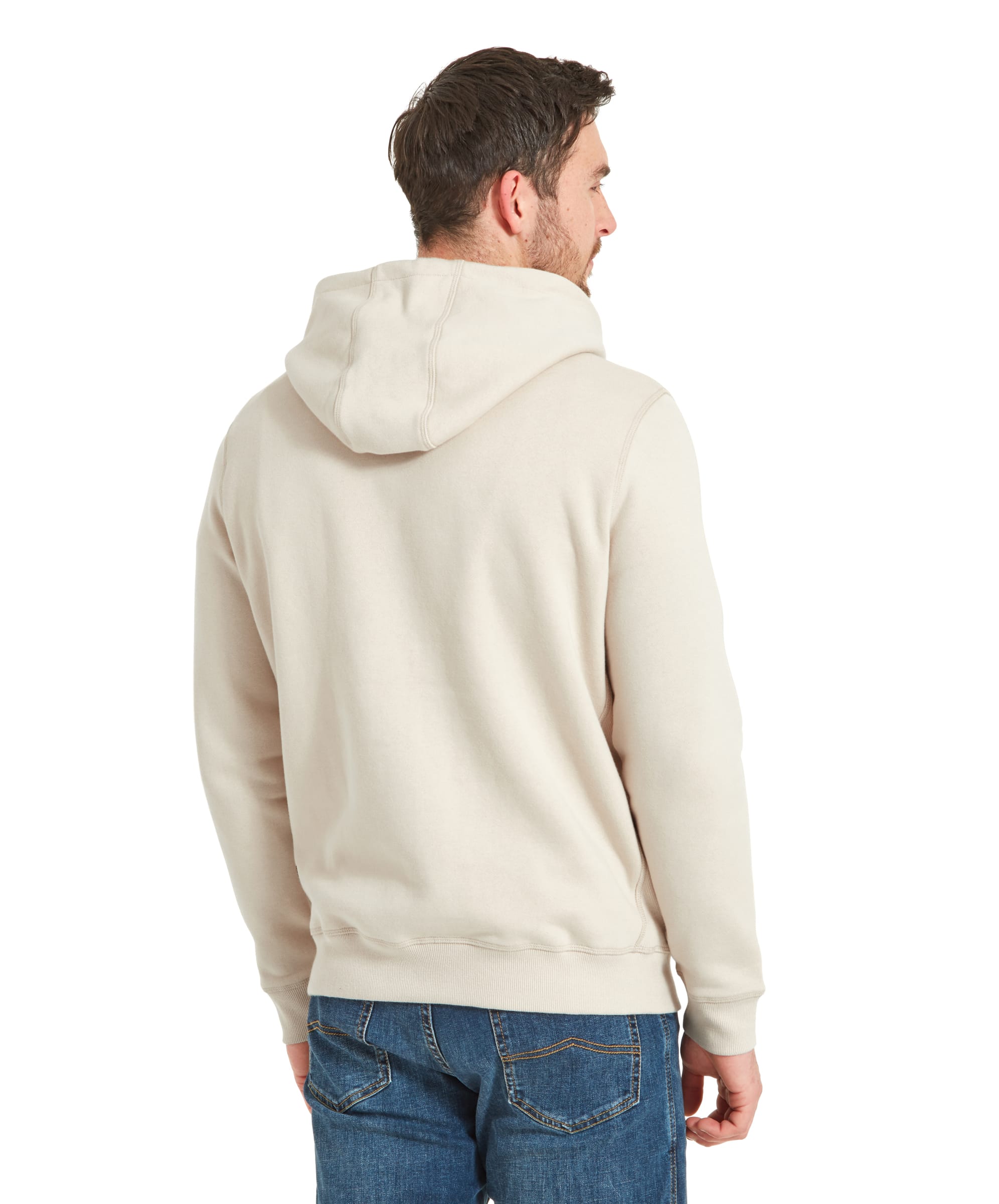 A back view of a man wearing a Schöffel Alness Hoodie for Men in Light Brown, showing the hood and the plain back of the hoodie. He is also wearing blue jeans.