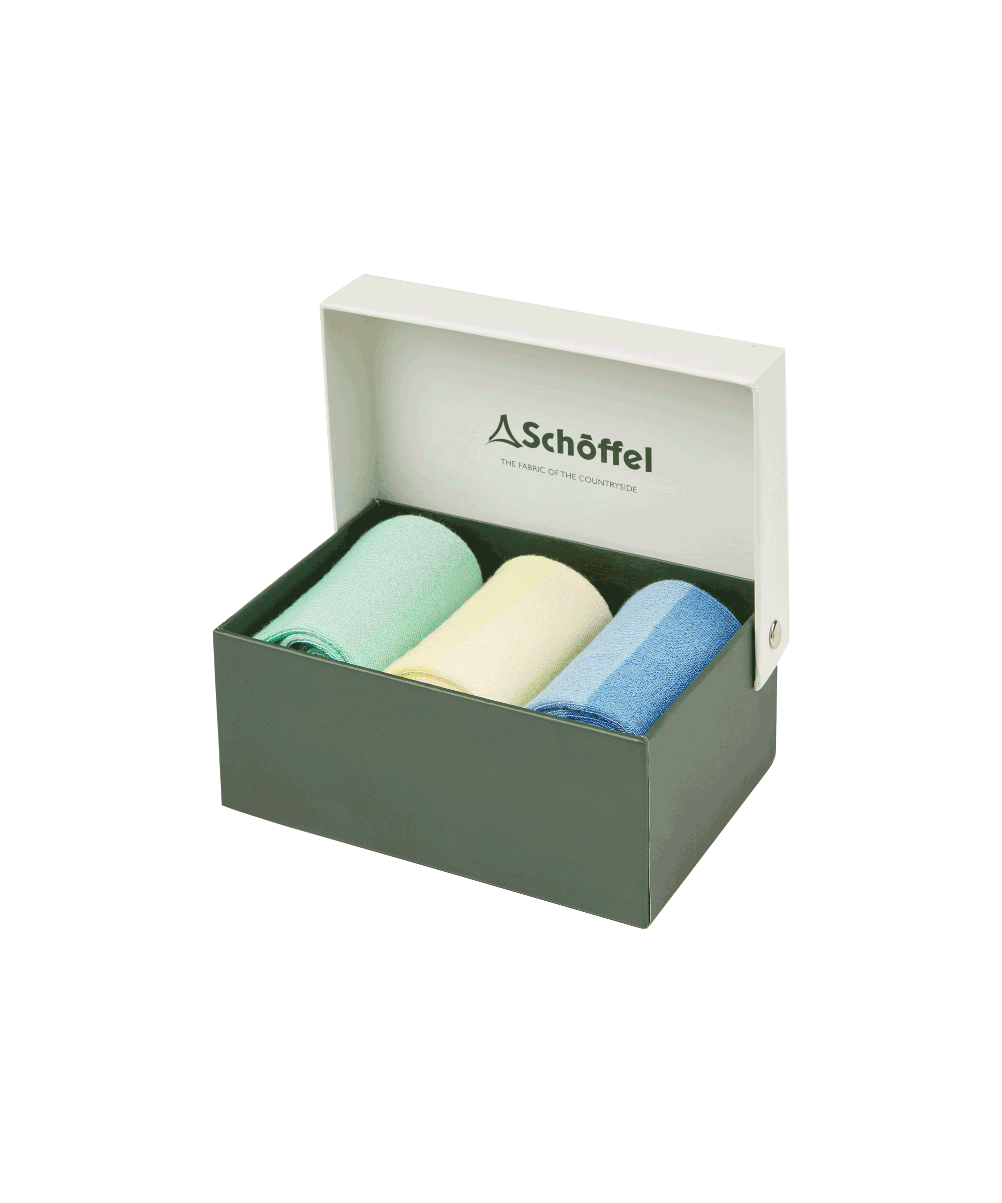 A dark green box with a white lid partially open, displaying the Schöffel Bamboo Sock Box of 3 for Men in Yellow inside. The socks are in different pastel colors: one pair in light green, another in light yellow, and the third in light blue with blue and light blue stripes. The inside of the lid features the "Schöffel" logo and the tagline "The Fabric of the Countryside."