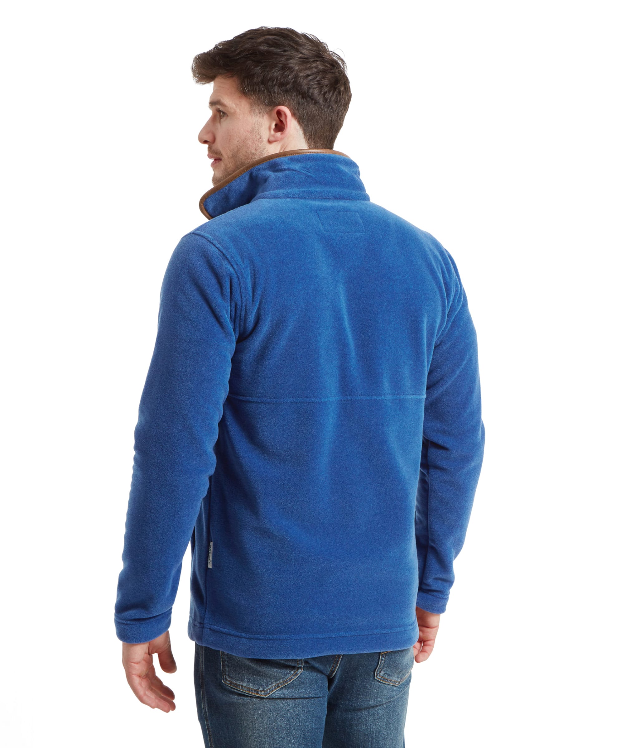 The back view of the man wearing the Schöffel Berkeley Fleece 1/4 Zip Fleece for Men in Blue, showing the details of the back and collar.