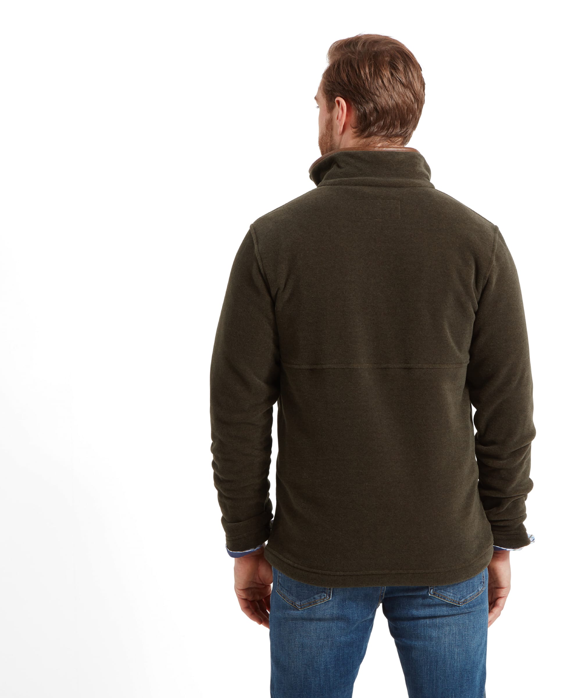 Rear view of man  in Schöffel Berkeley Fleece 1/4 Zip Fleece for Men in Olive Green, wearing light blue jeans with his hands to his sides.