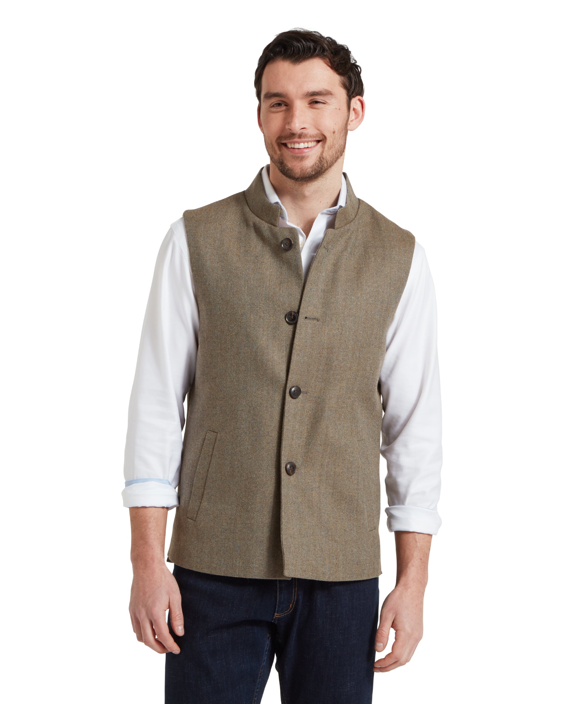 Berwick Nehru Tweed Waistcoat - Loden Green Herringbone Tweed