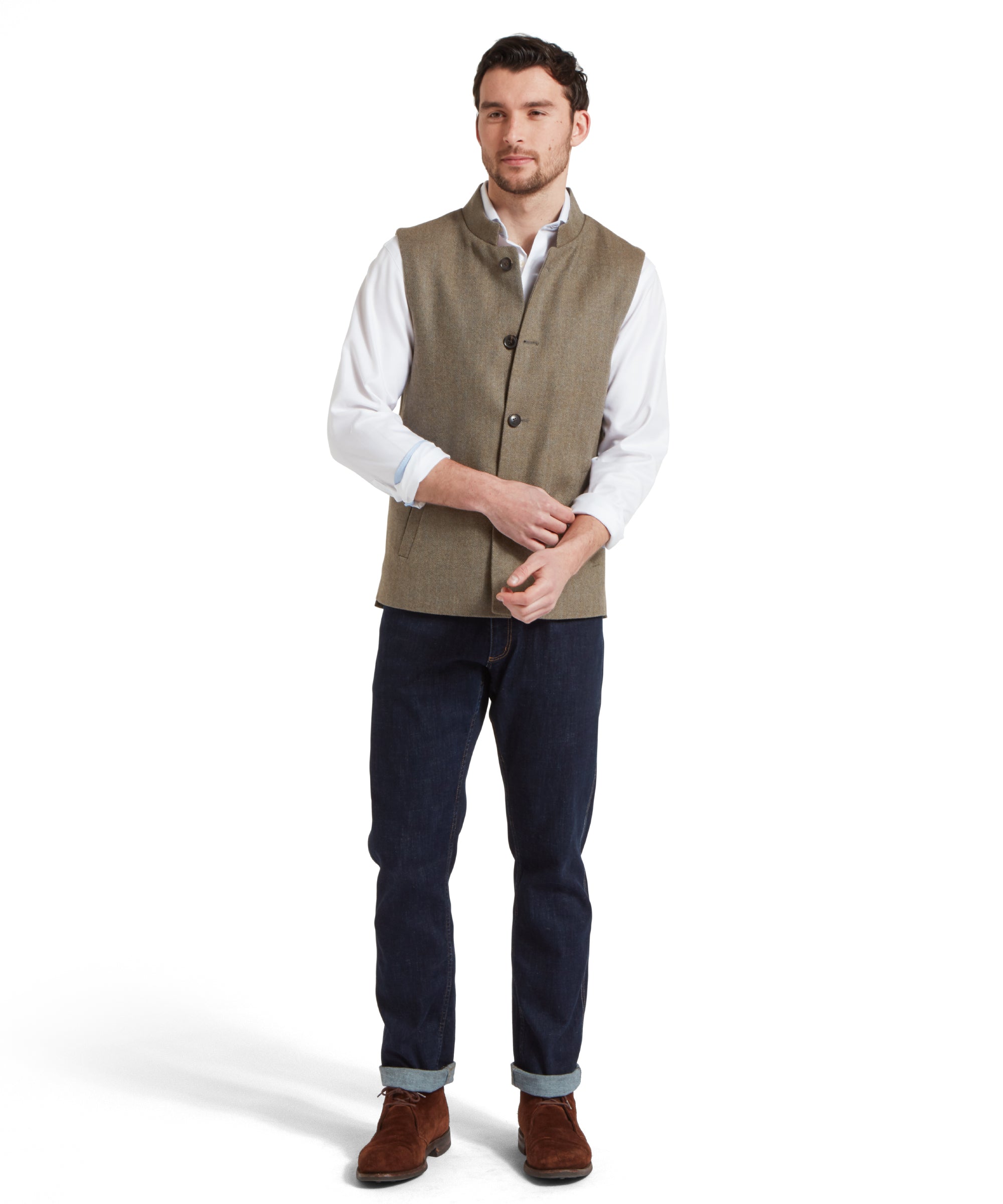 Berwick Nehru Tweed Waistcoat - Loden Green Herringbone Tweed