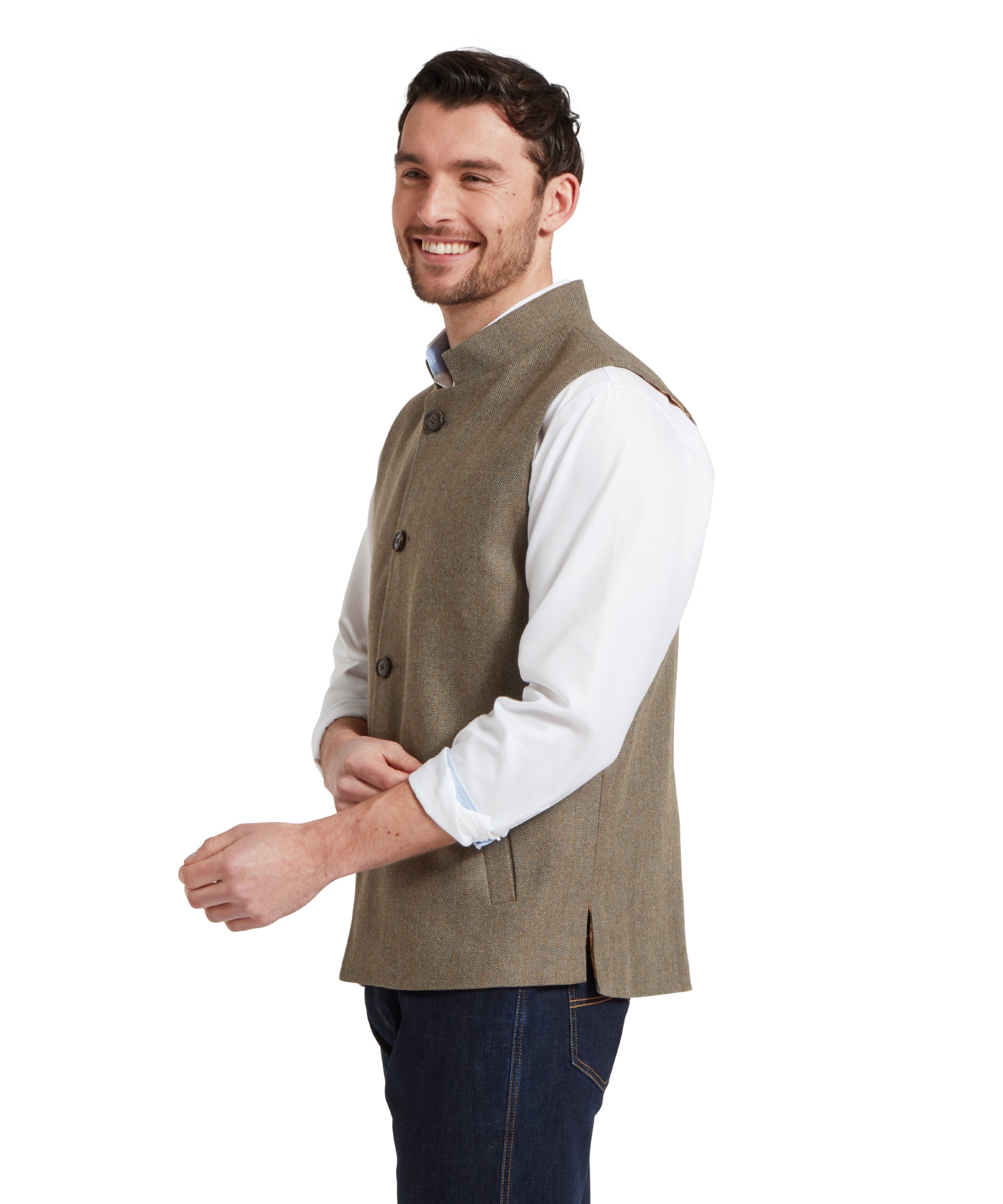 Berwick Nehru Tweed Waistcoat - Loden Green Herringbone Tweed