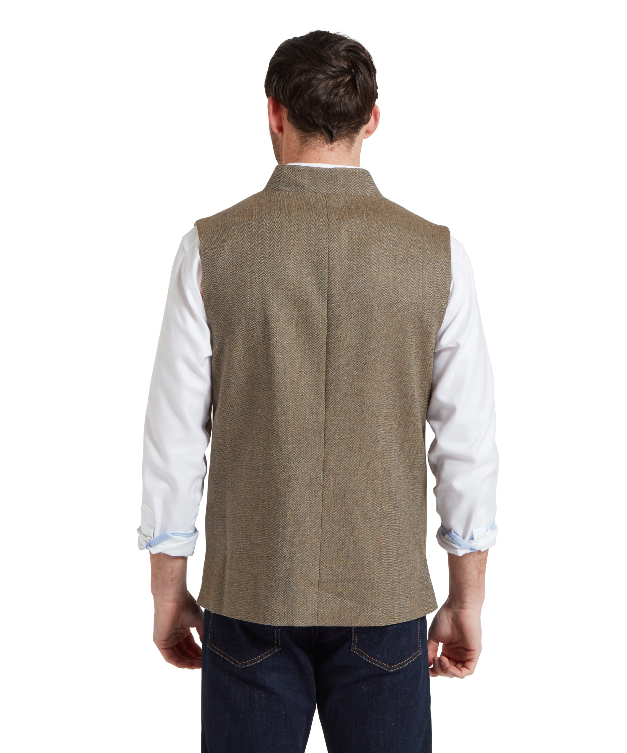 Berwick Nehru Tweed Waistcoat - Loden Green Herringbone Tweed