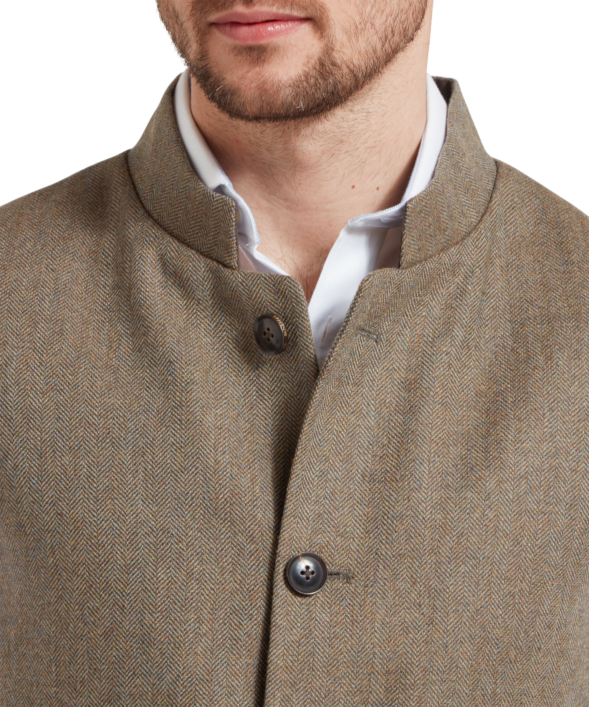 Berwick Nehru Tweed Waistcoat - Loden Green Herringbone Tweed