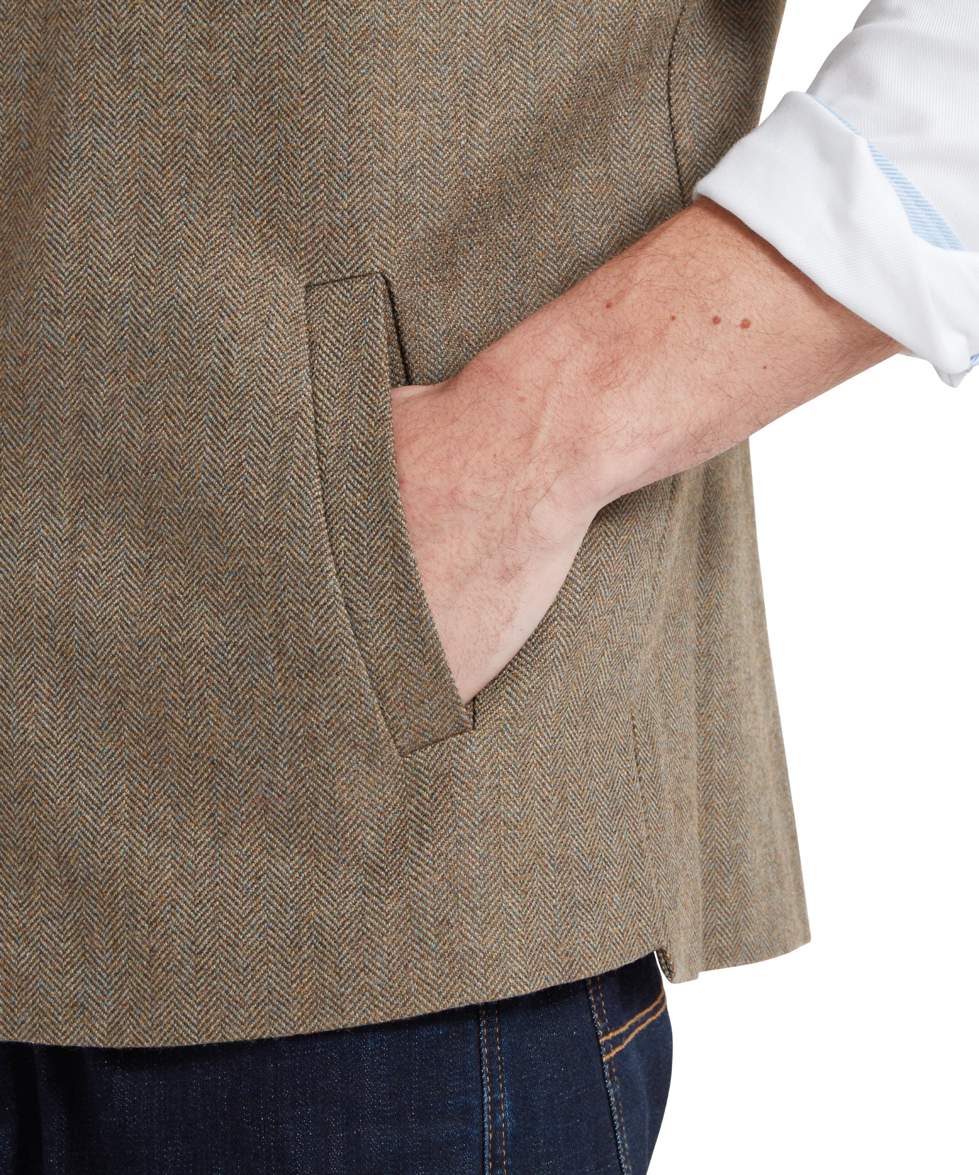 Berwick Nehru Tweed Waistcoat - Loden Green Herringbone Tweed