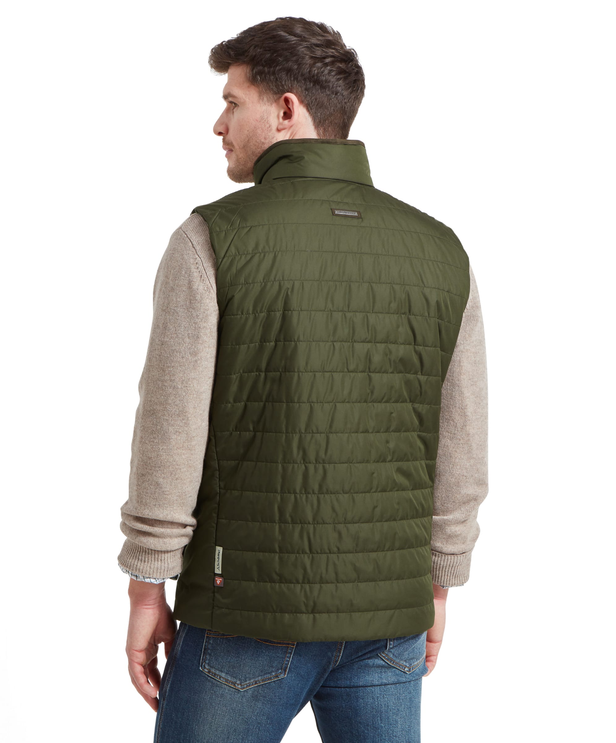 Back view of the Schöffel Brora Gilet for Men in Green showing quilted design and high collar.