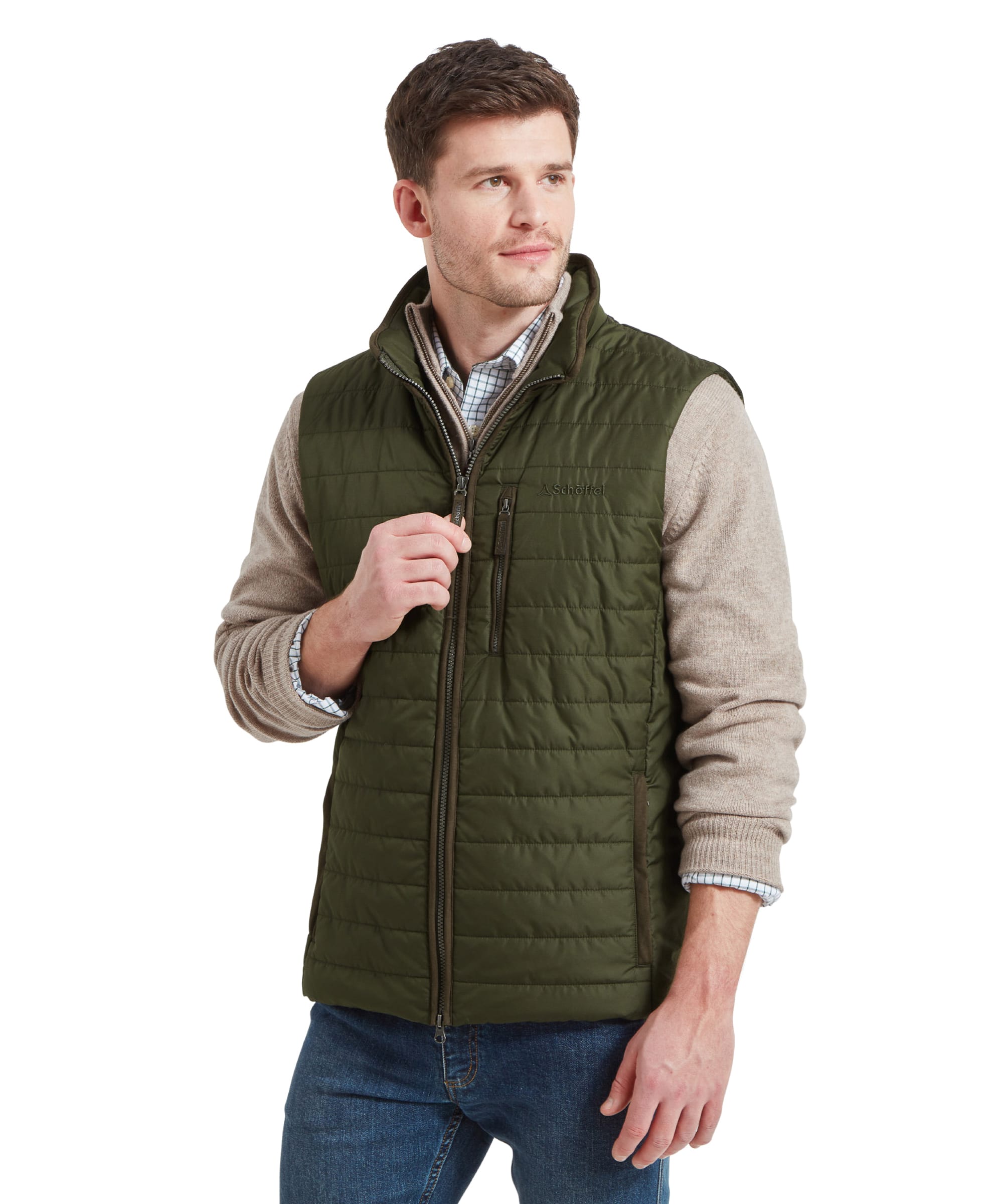 Front view of the model wearing the Schöffel Brora Gilet for Men in Green, partially zipped, with hands in pockets.