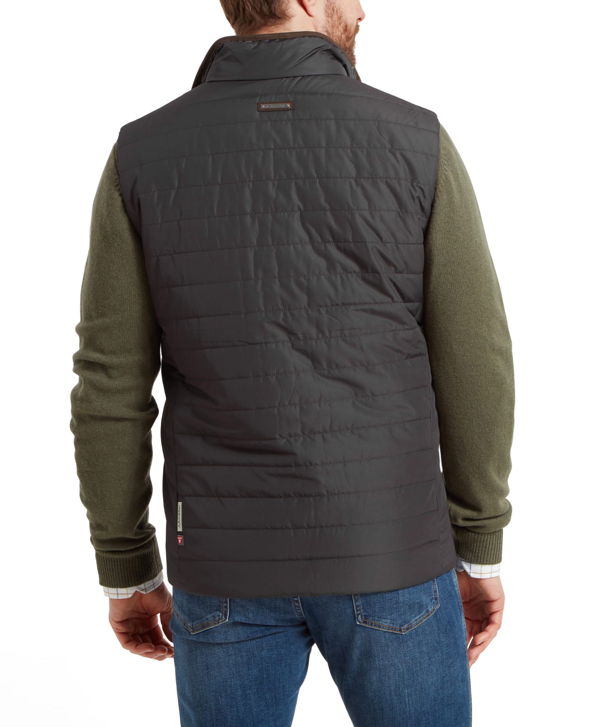 The back view of the Schöffel Brora Gilet for Men in Grey highlights the brand's logo on the upper back and the quilted design that extends to the rear.