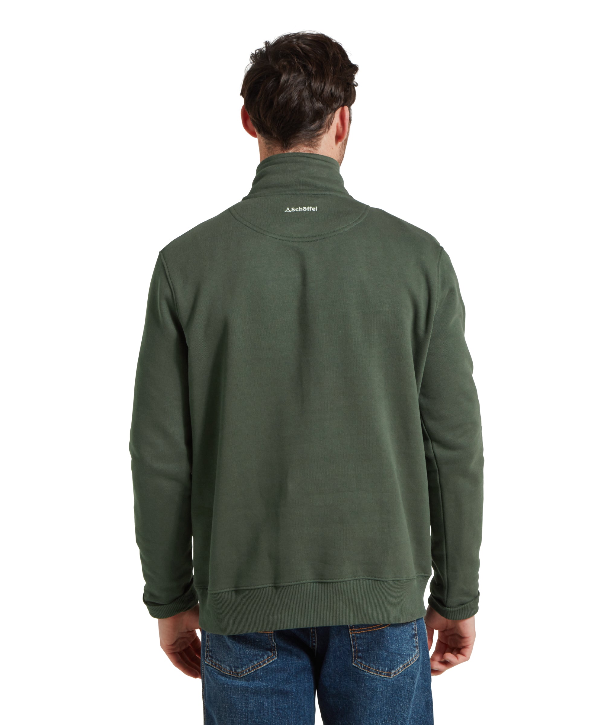 Rear view of the man wearing the Schöffel Bude Sweatshirt for Men in Green, highlighting the back design of the sweatshirt.