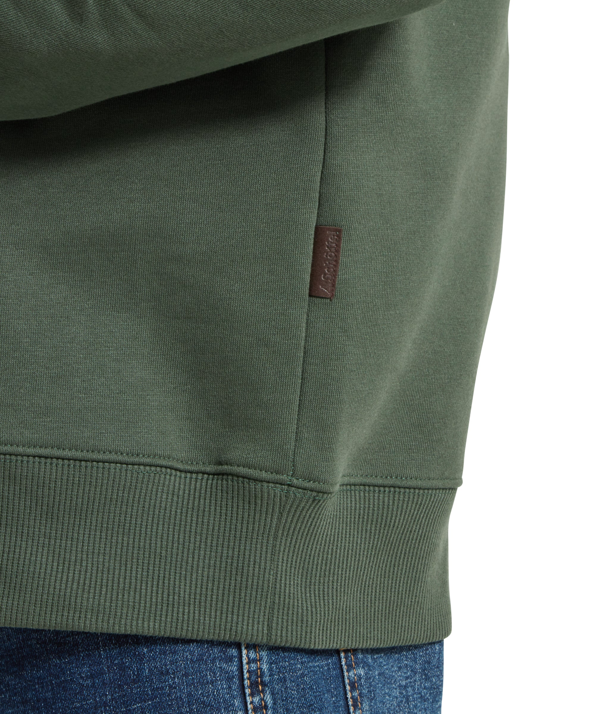 Close-up of the sleeve of the Schöffel Bude Sweatshirt for Men in Green, focusing on the texture and fabric detail.