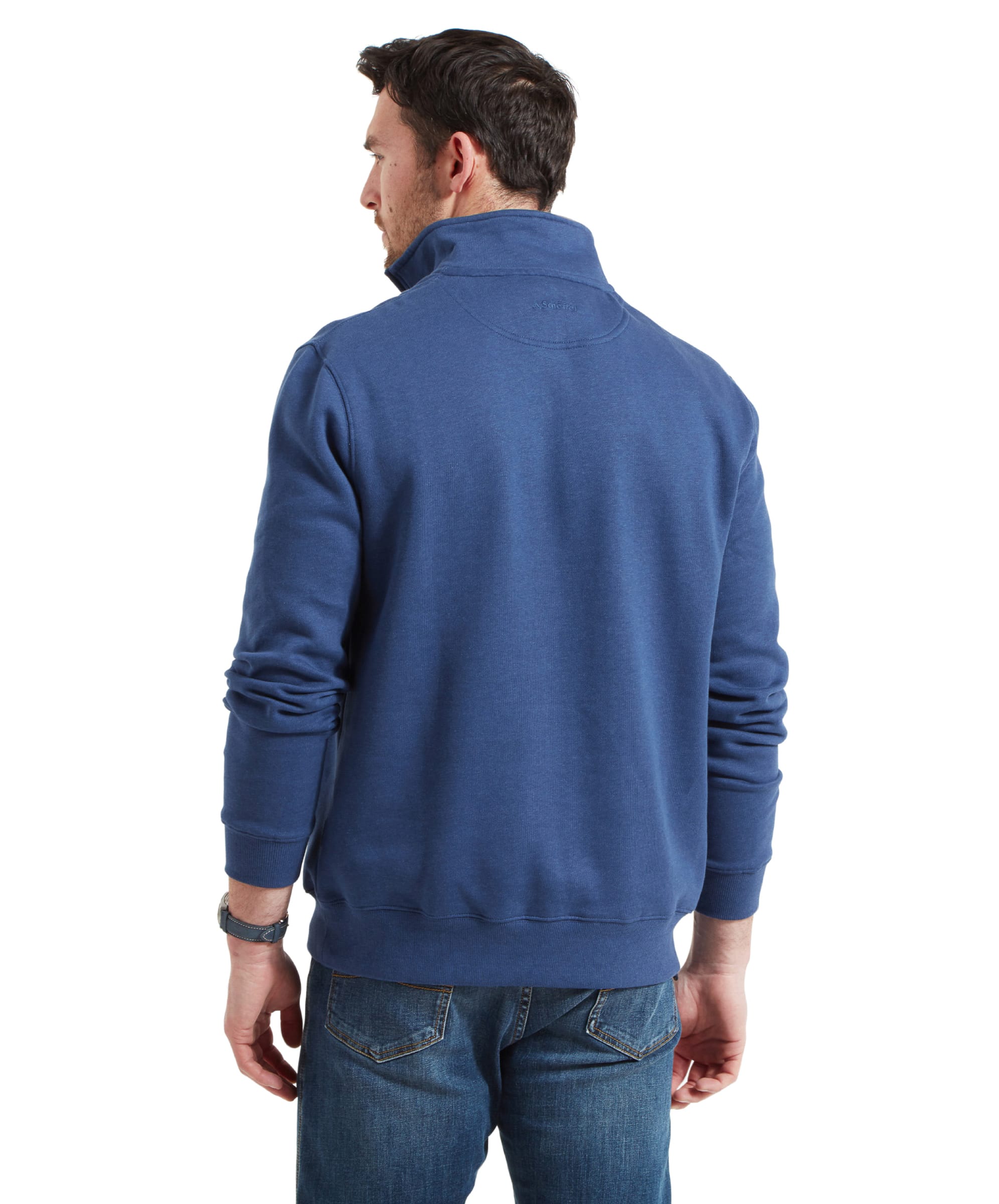 Rear view of the man in the Schöffel Bude Sweatshirt for Men in Blue, showing the back details of the garment.