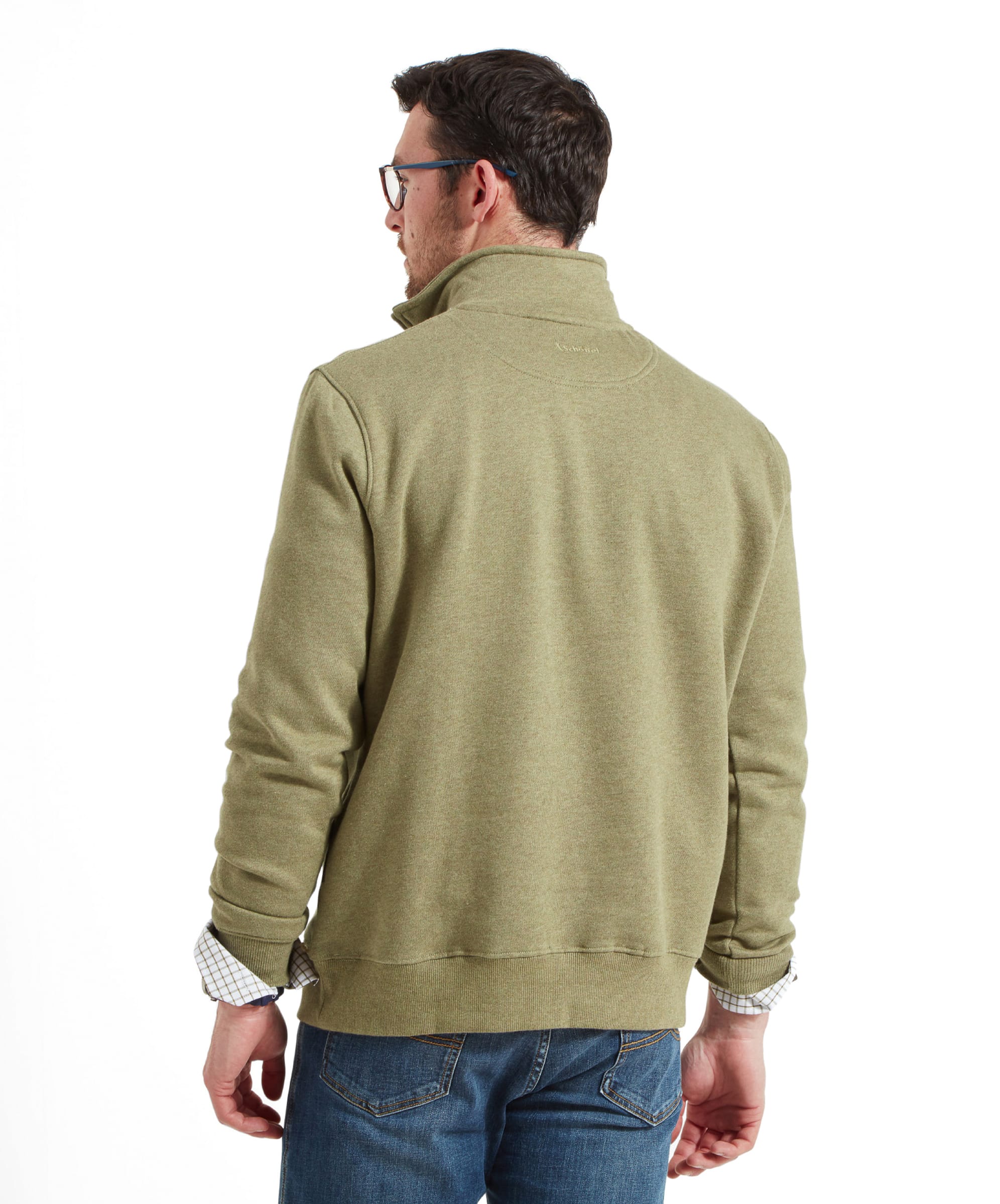 Rear view of the man wearing the Schöffel Bude Sweatshirt for Men in Light Green, highlighting the back design of the sweatshirt.