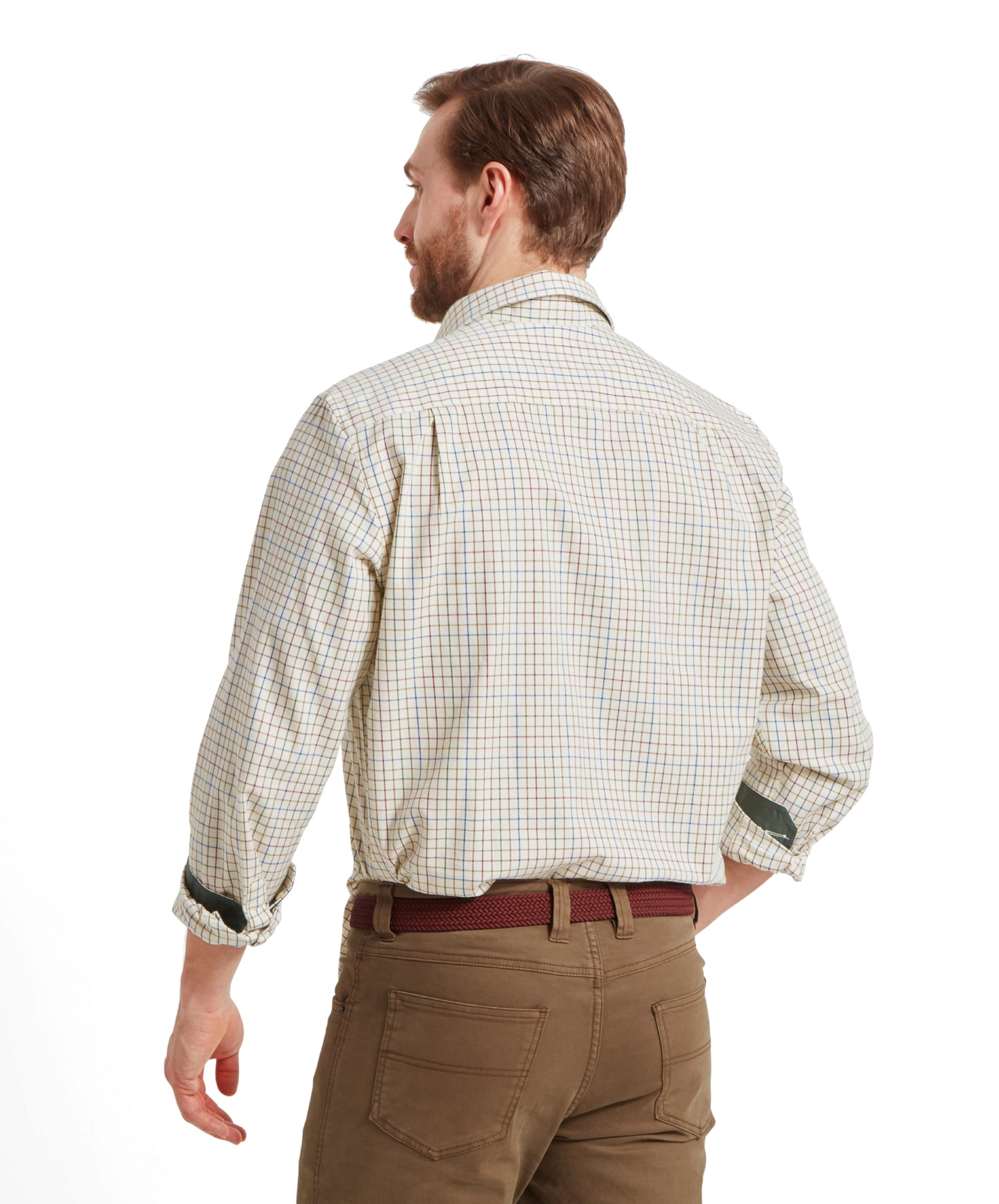 Back view of man in Schöffel Burnham Tattersall Classic Shirt in Green.