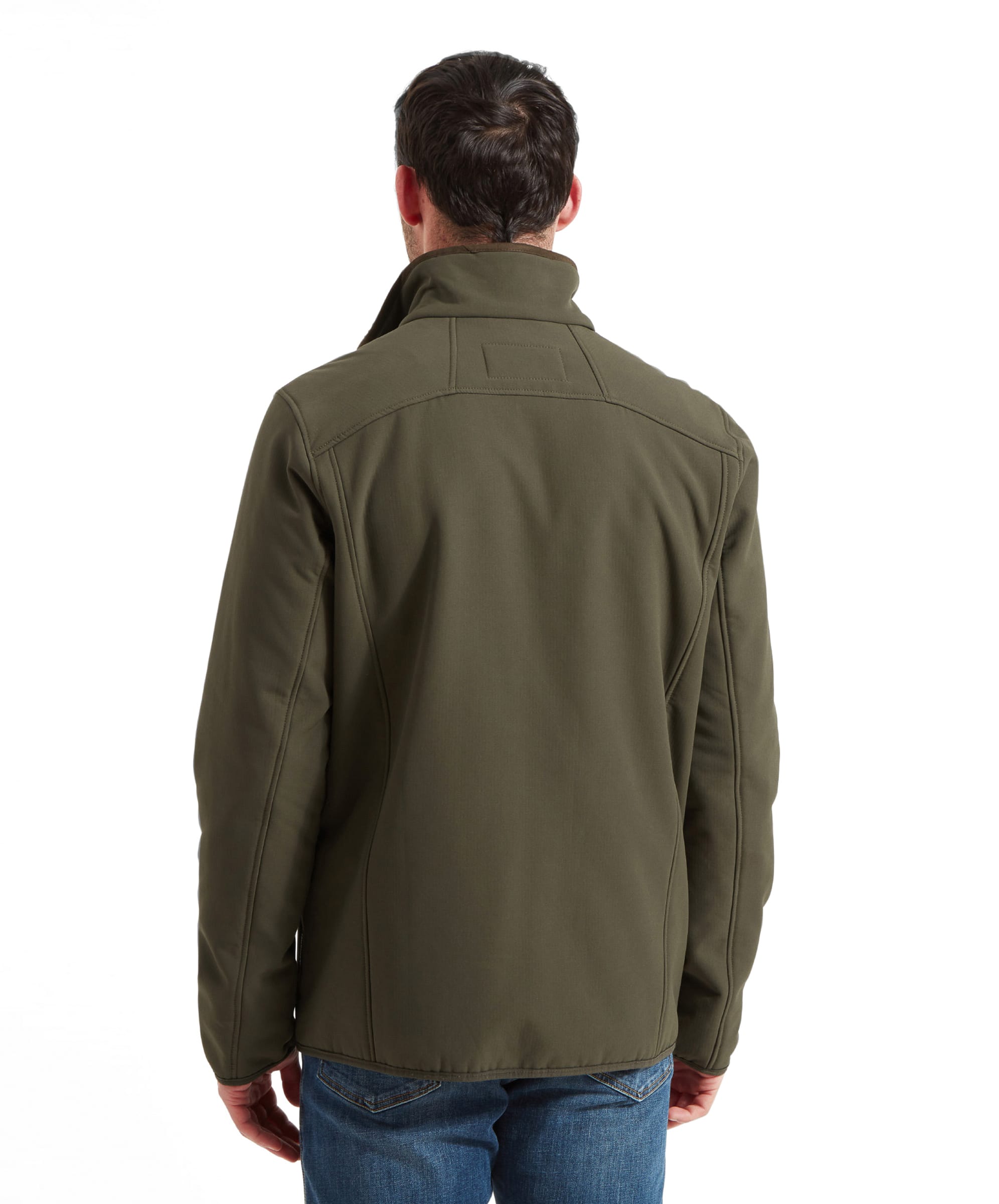 Rear view of a man wearing the Schöffel Men's Burrough Jacket in Green, highlighting the back details of the jacket.