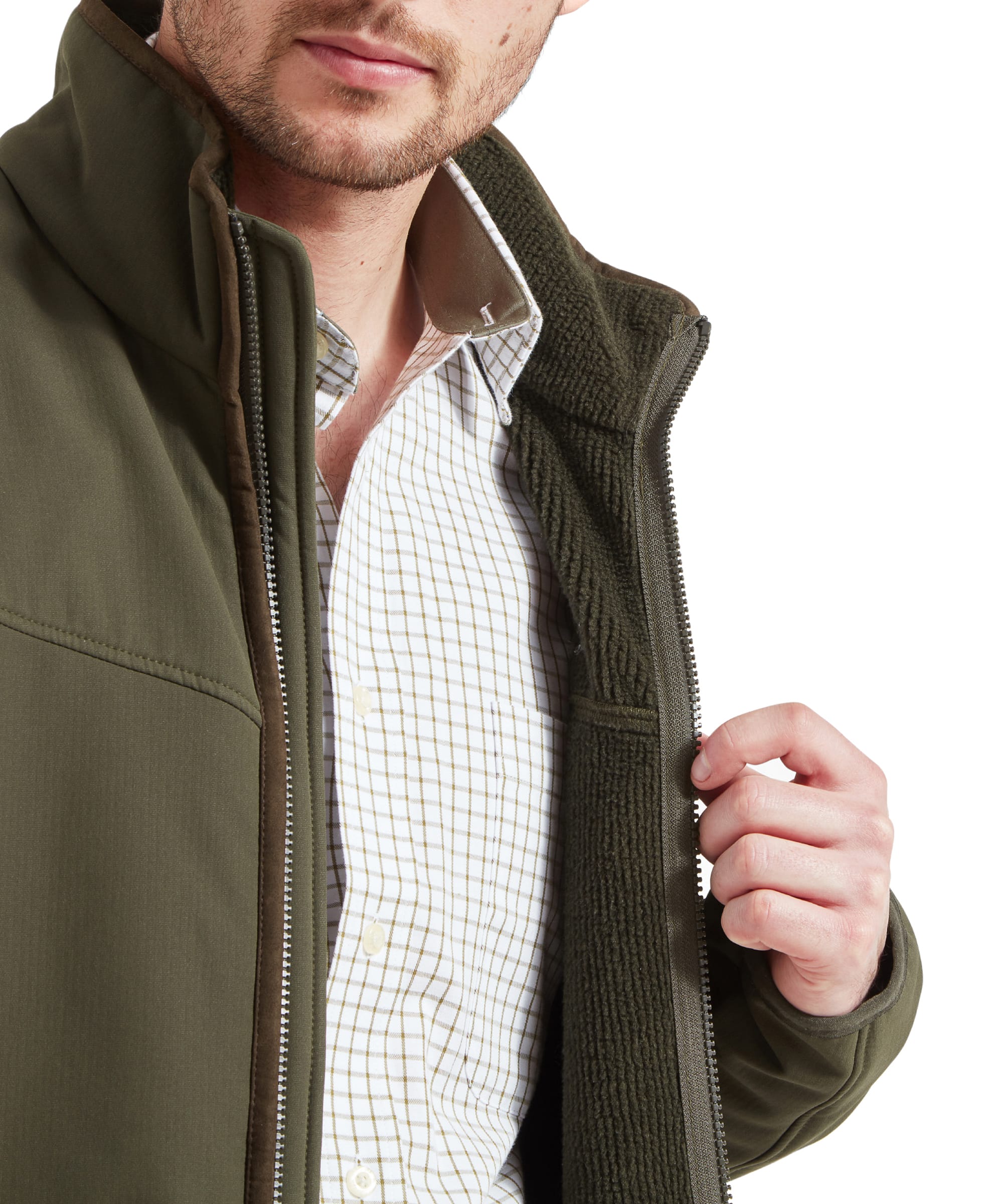 Close-up of the inside of the Schöffel Men's Burrough Jacket in Green, showing the fleece lining and inner pocket.