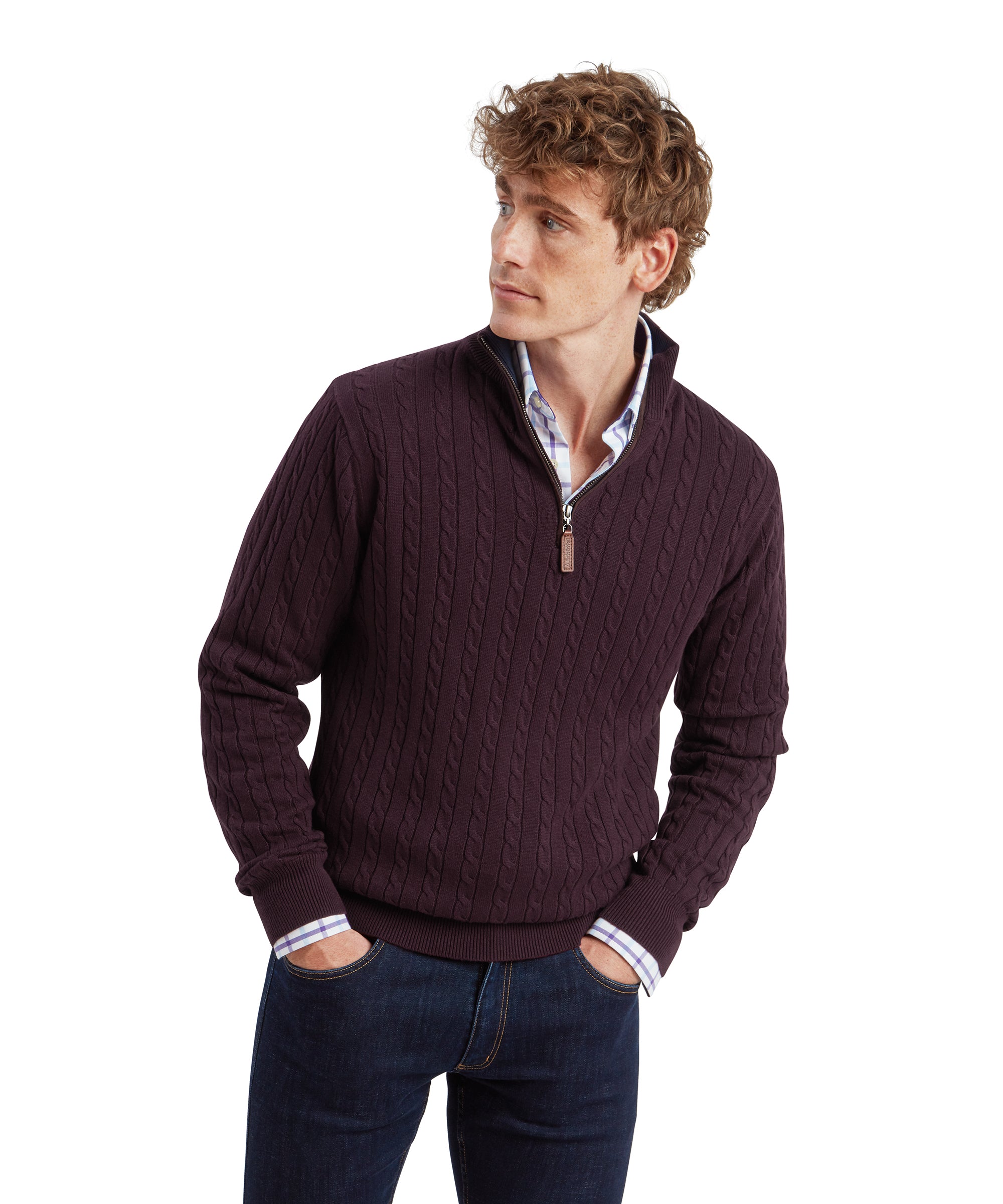 Calton Cotton Cashmere Cable Quarter Zip Jumper - Wine