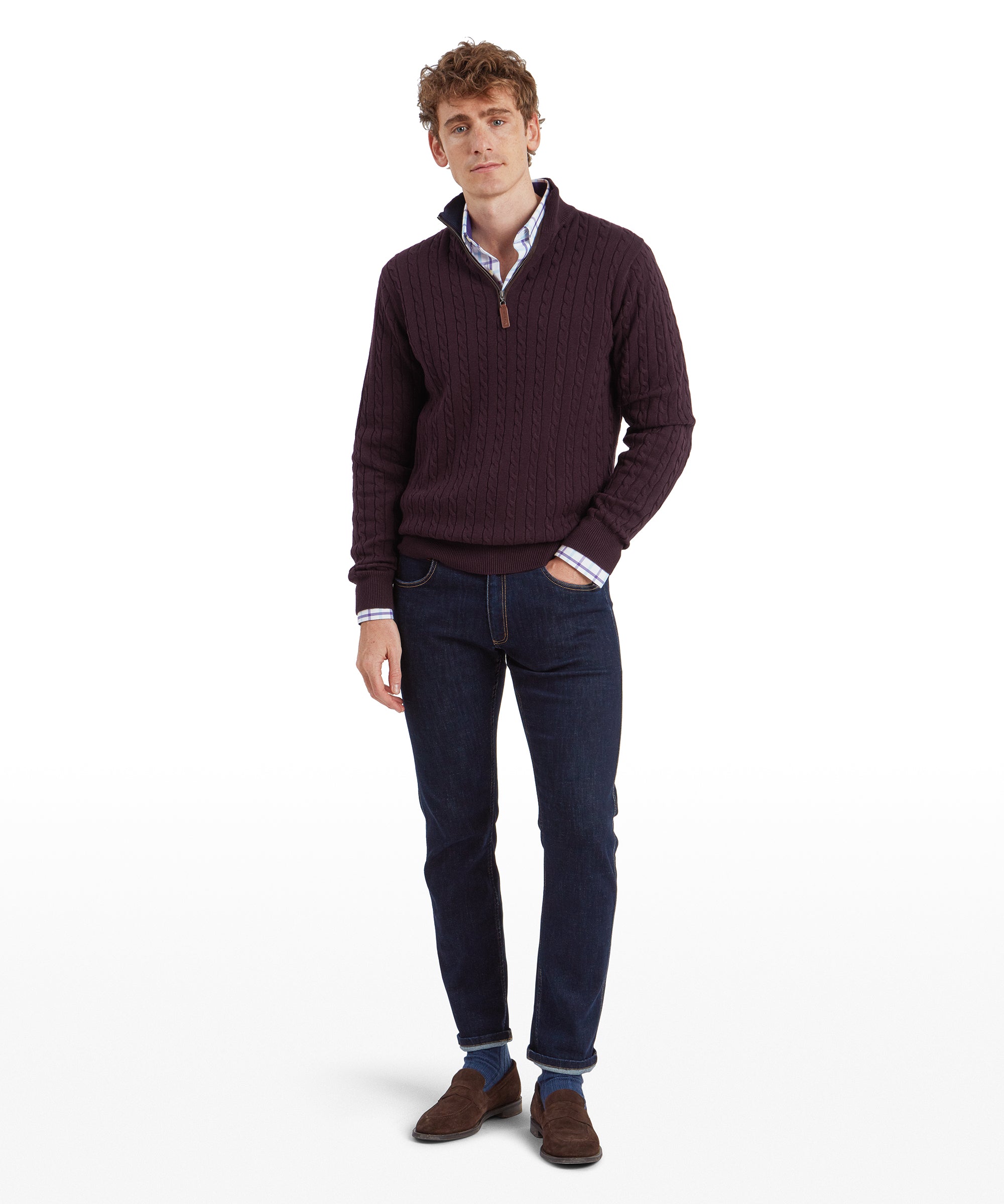 Calton Cotton Cashmere Cable Quarter Zip Jumper - Wine