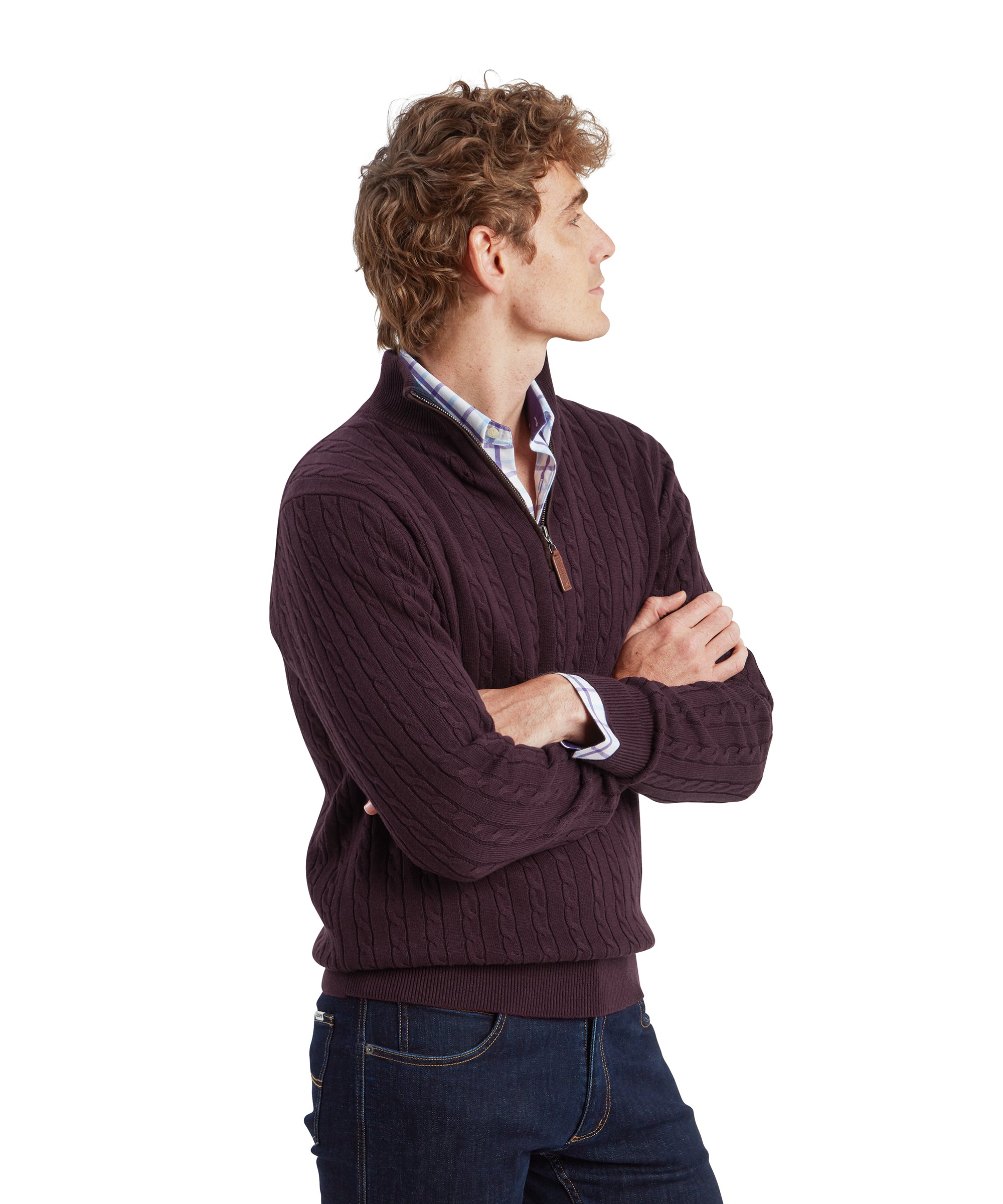 Calton Cotton Cashmere Cable Quarter Zip Jumper - Wine