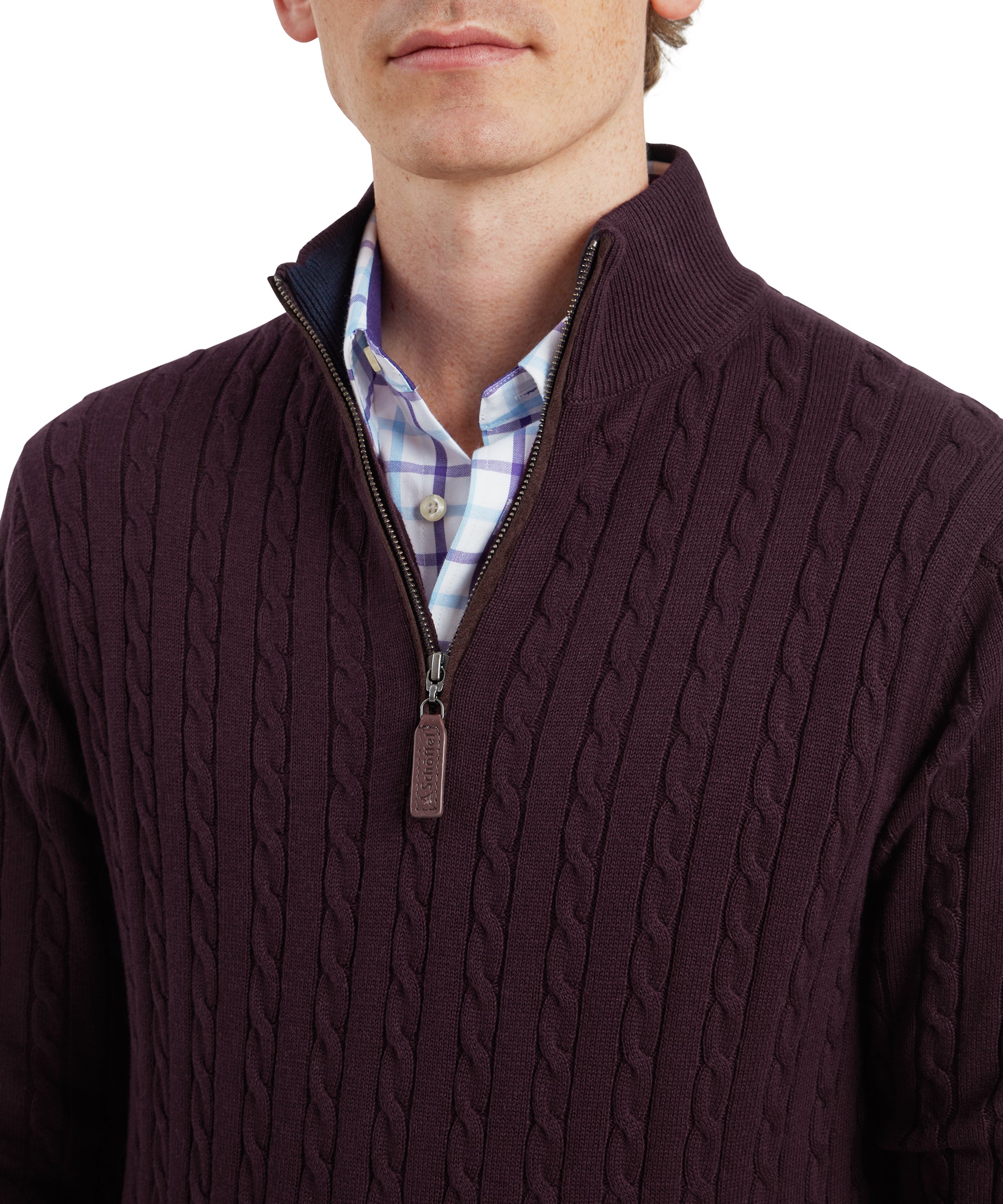 Calton Cotton Cashmere Cable Quarter Zip Jumper - Wine