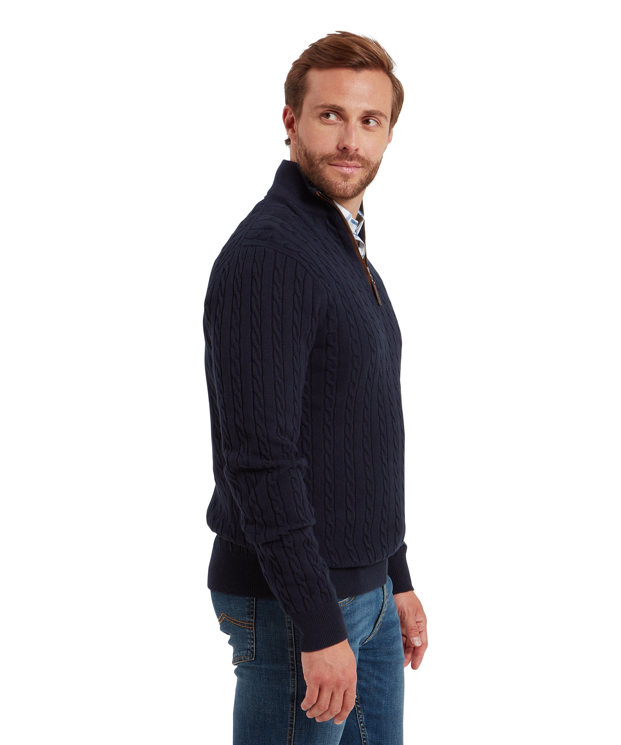 Calton Cotton Cashmere Cable Quarter Zip Jumper - Navy