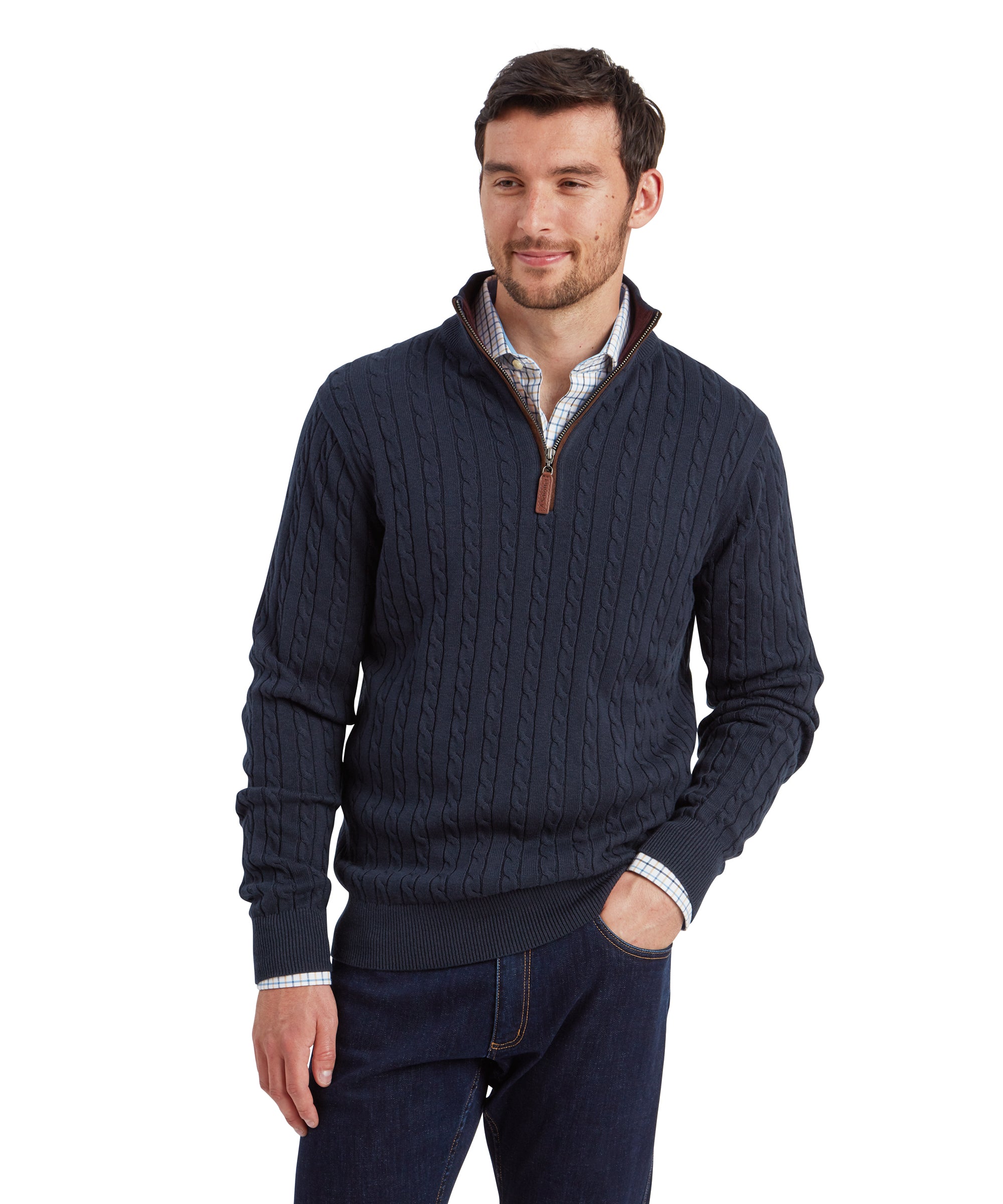 Calton Cotton Cashmere Cable Quarter Zip Jumper - Petrol Blue