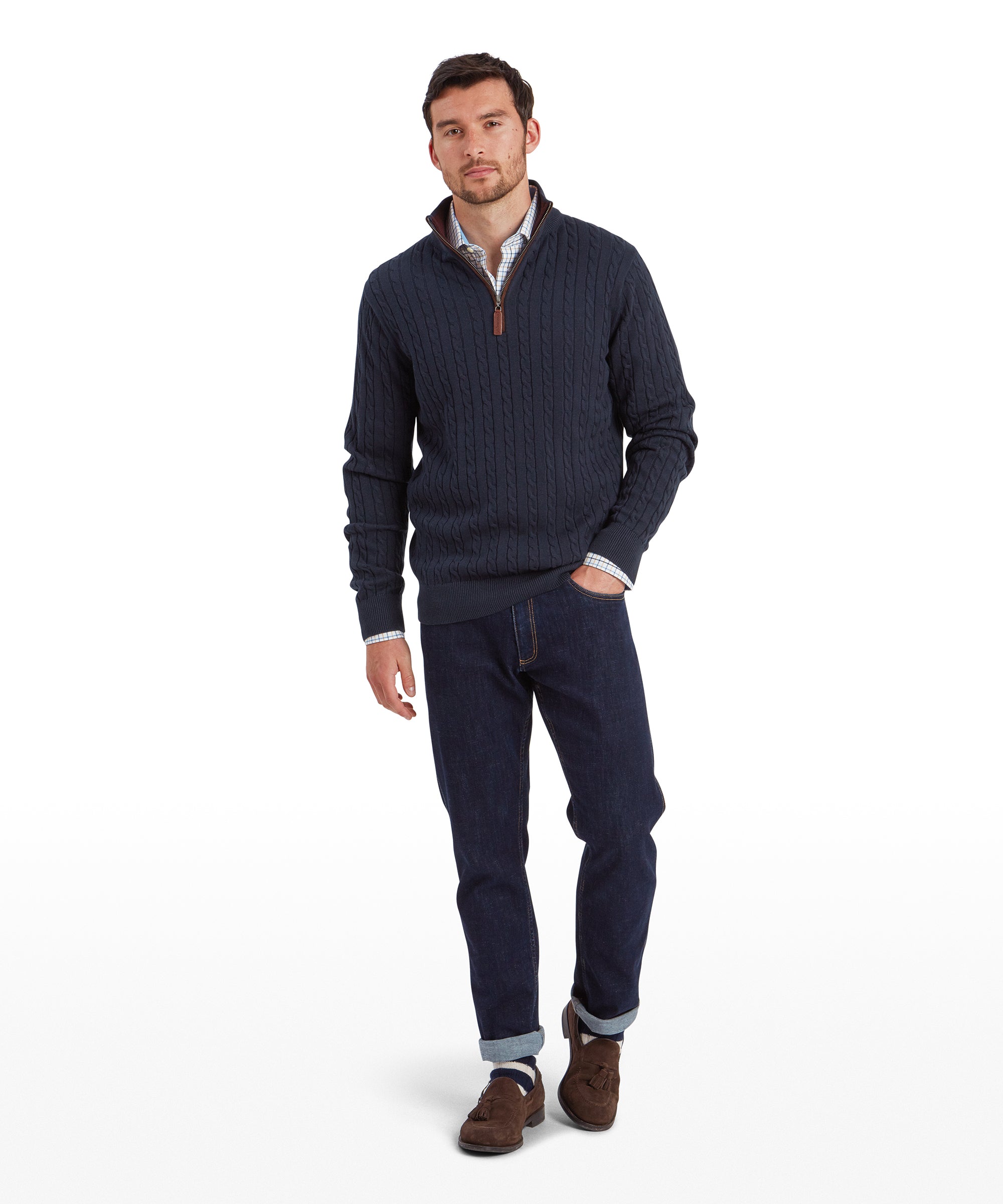 Calton Cotton Cashmere Cable Quarter Zip Jumper - Petrol Blue