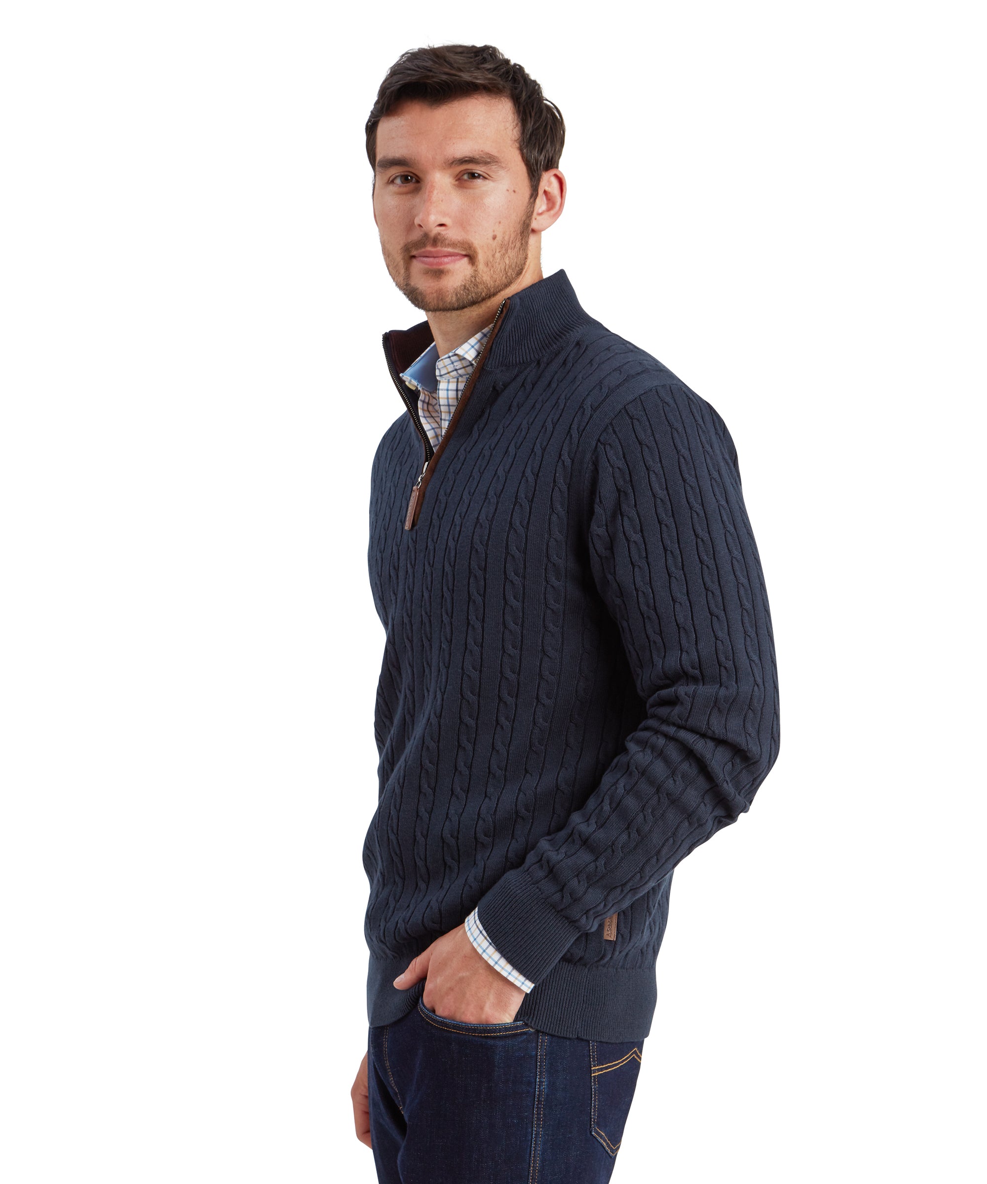 Calton Cotton Cashmere Cable Quarter Zip Jumper - Petrol Blue