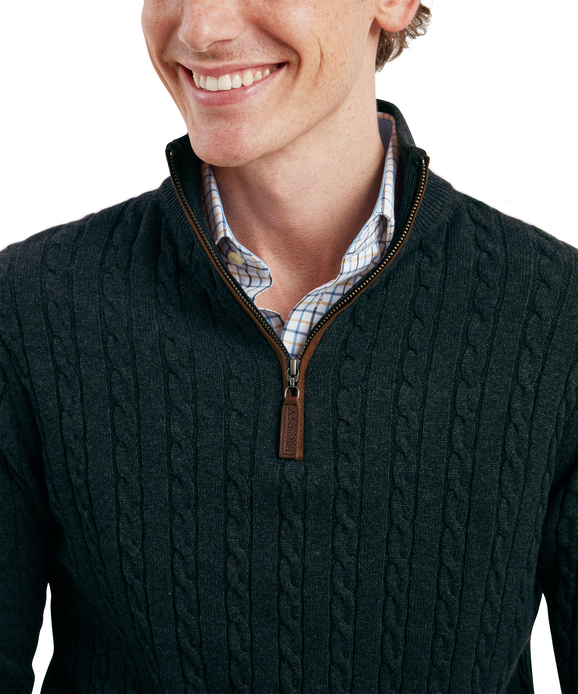 Calton Cotton Cashmere Cable Quarter Zip Jumper - Charcoal