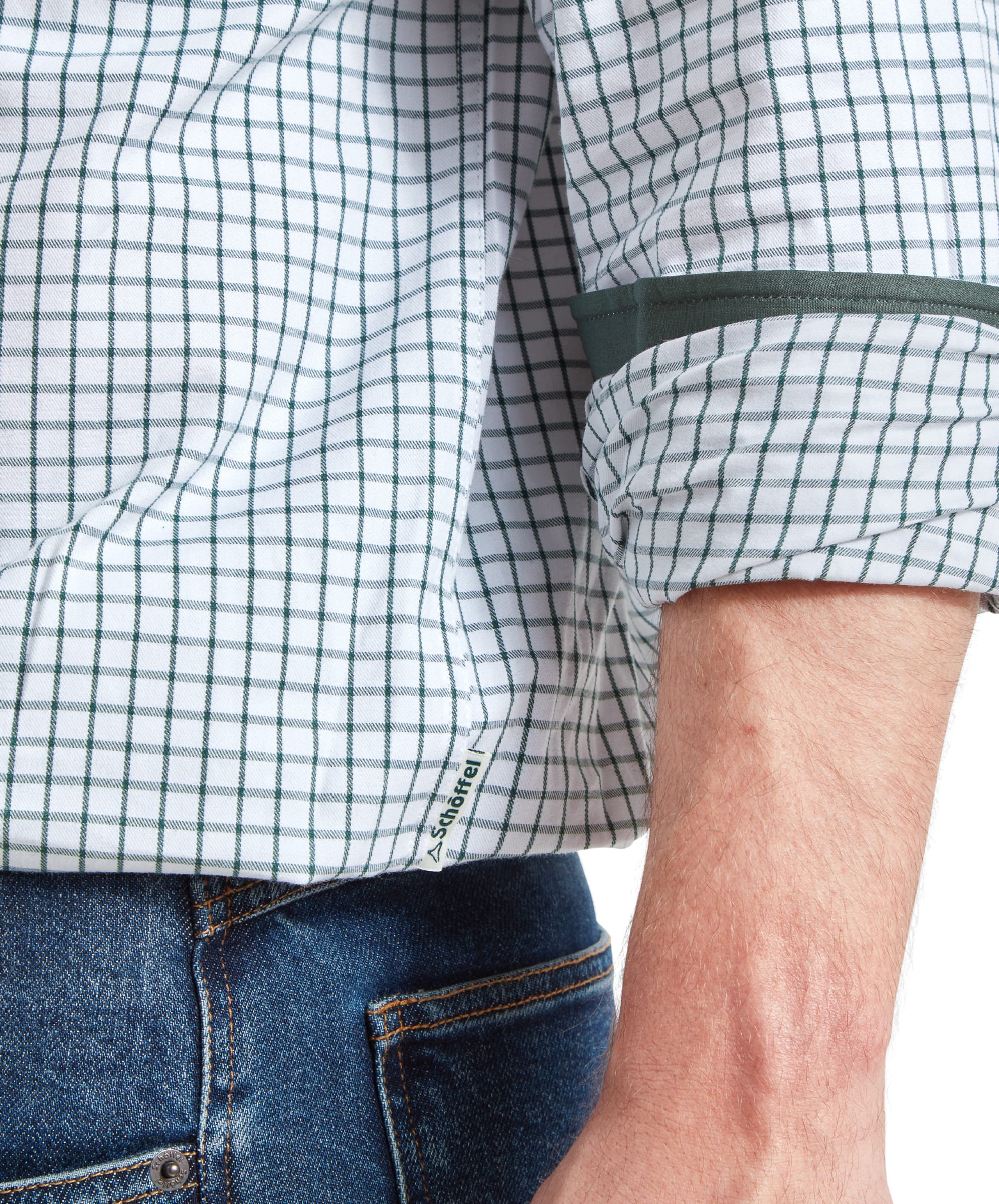 Close-up of the shirt's sleeve and cuff detail, showing the Schöffel logo on the side of the Schöffel Cambridge Classic Shirt for Men in Green.