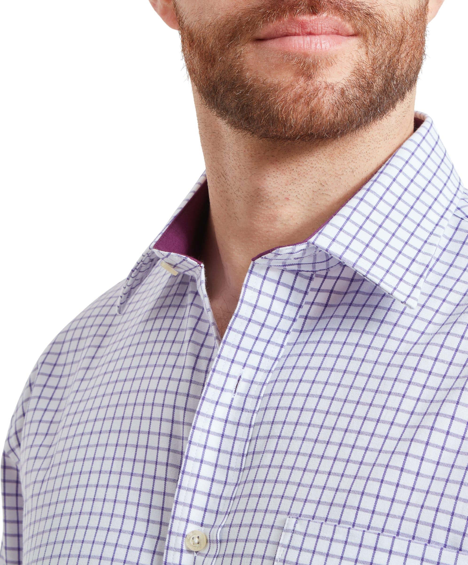 A close-up of the Schöffel Cambridge Classic Shirt for Men in Purple's collar, showing the intricate check pattern in purple and the contrasting inner collar design.