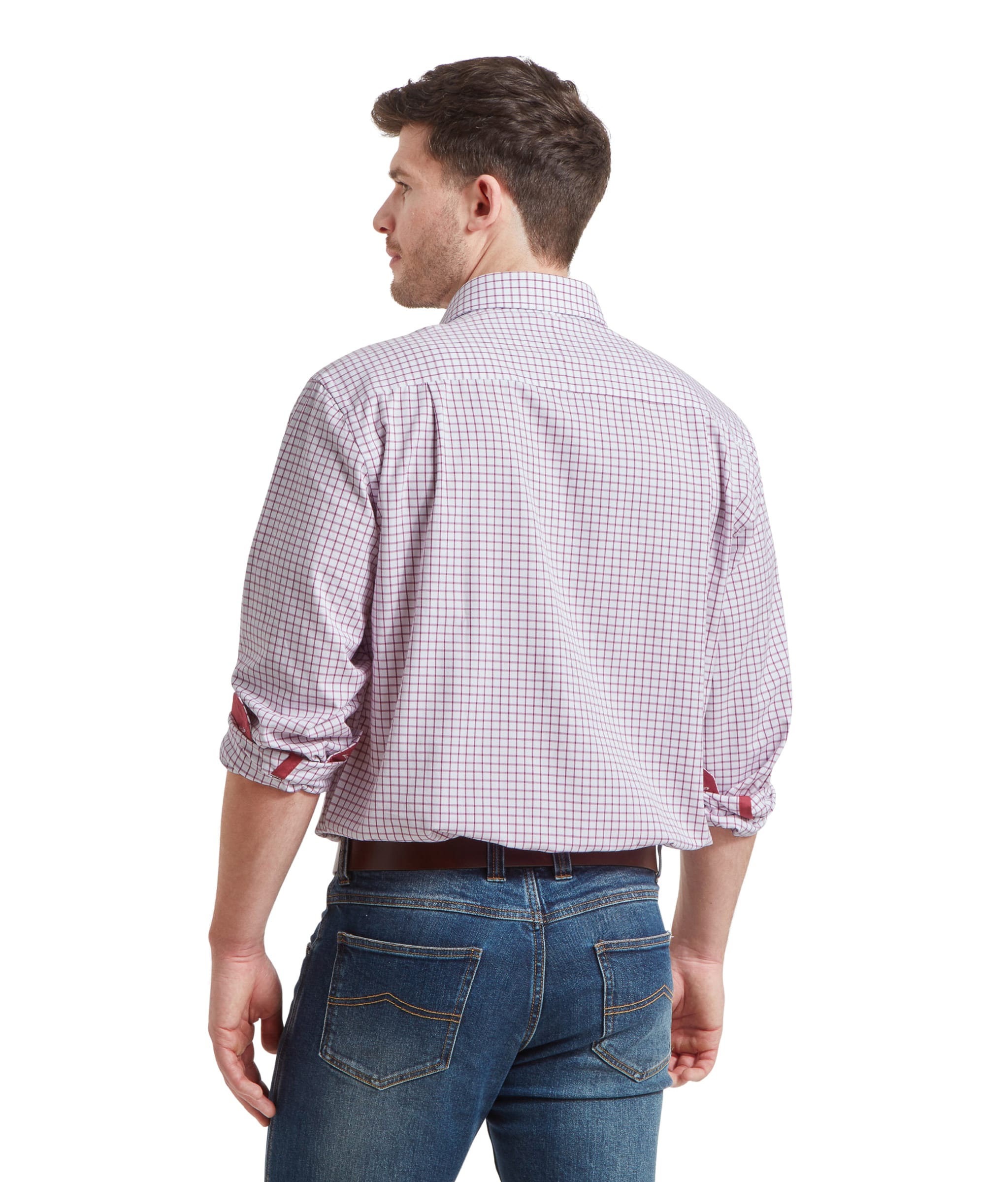 Rear view of a model wearing the Schöffel Cambridge Classic Shirt for Men in Red, showcasing the shirt's back details and fit.