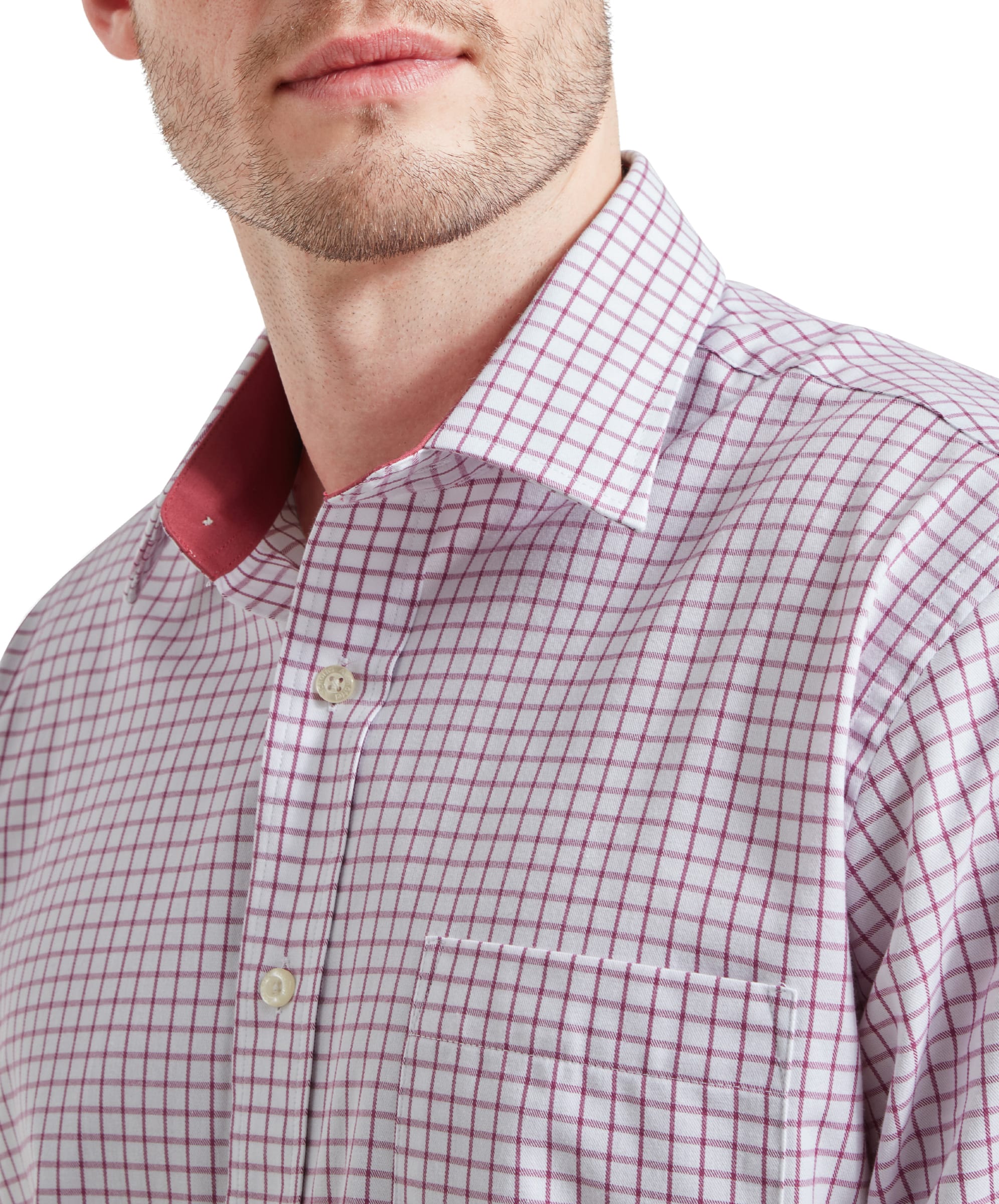 Close-up of the Schöffel Cambridge Classic Shirt for Men in Red, focusing on the collar and chest area to highlight the fine check pattern and button details.