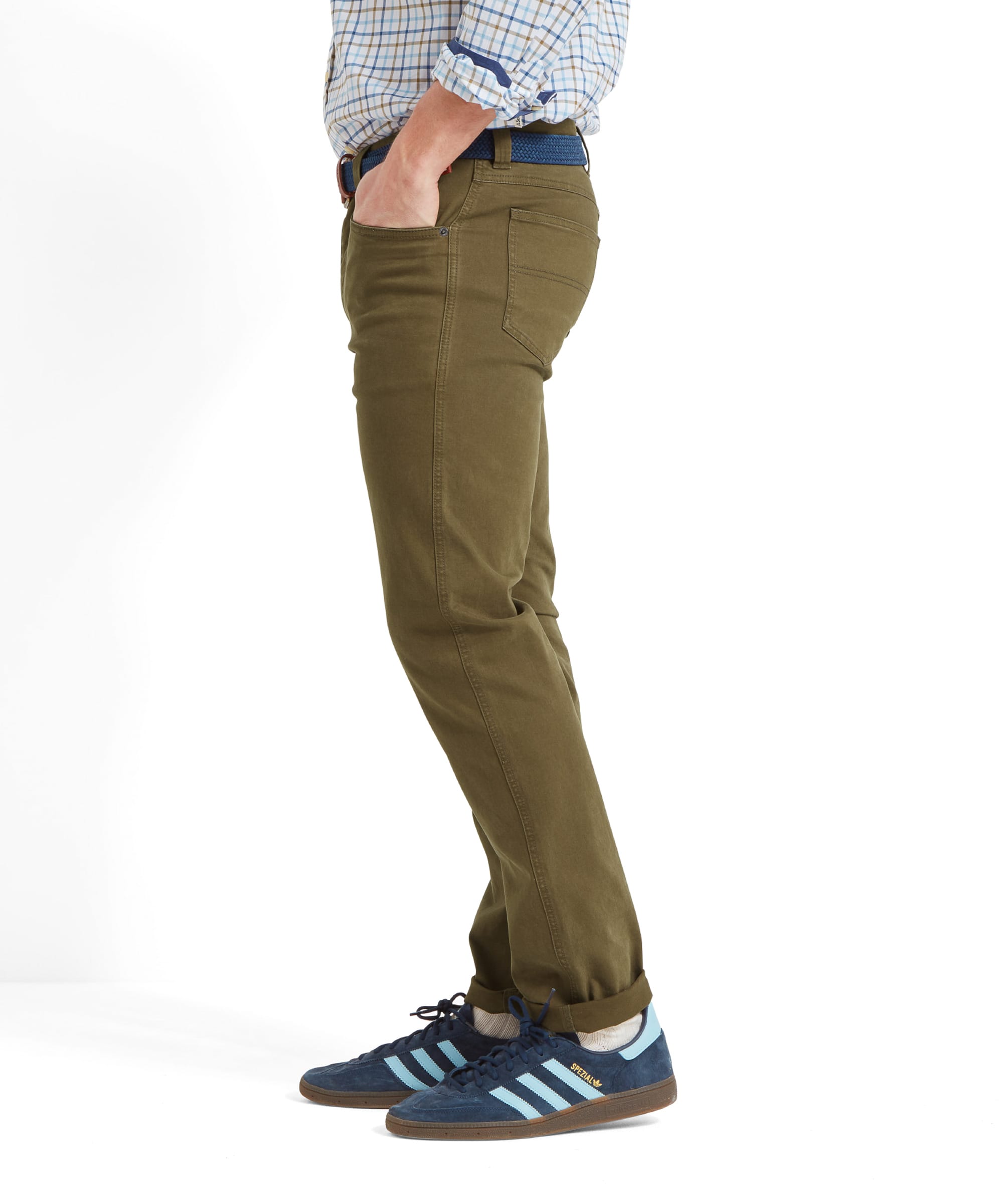 Side view of the Schöffel Canterbury 5 Pocket Jean for Men in Green, showing the fit and detailing of the jeans.