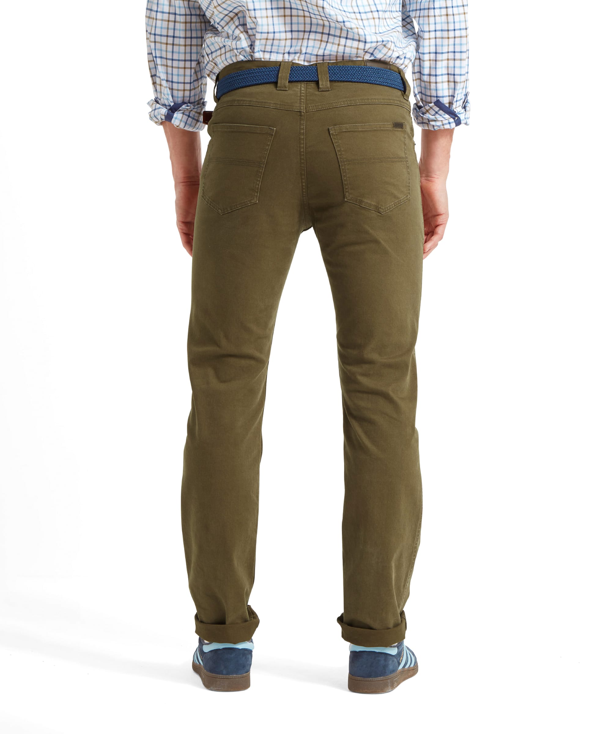 Back view of the Schöffel Canterbury 5 Pocket Jean for Men in Green, emphasizing the rear pockets and overall fit.