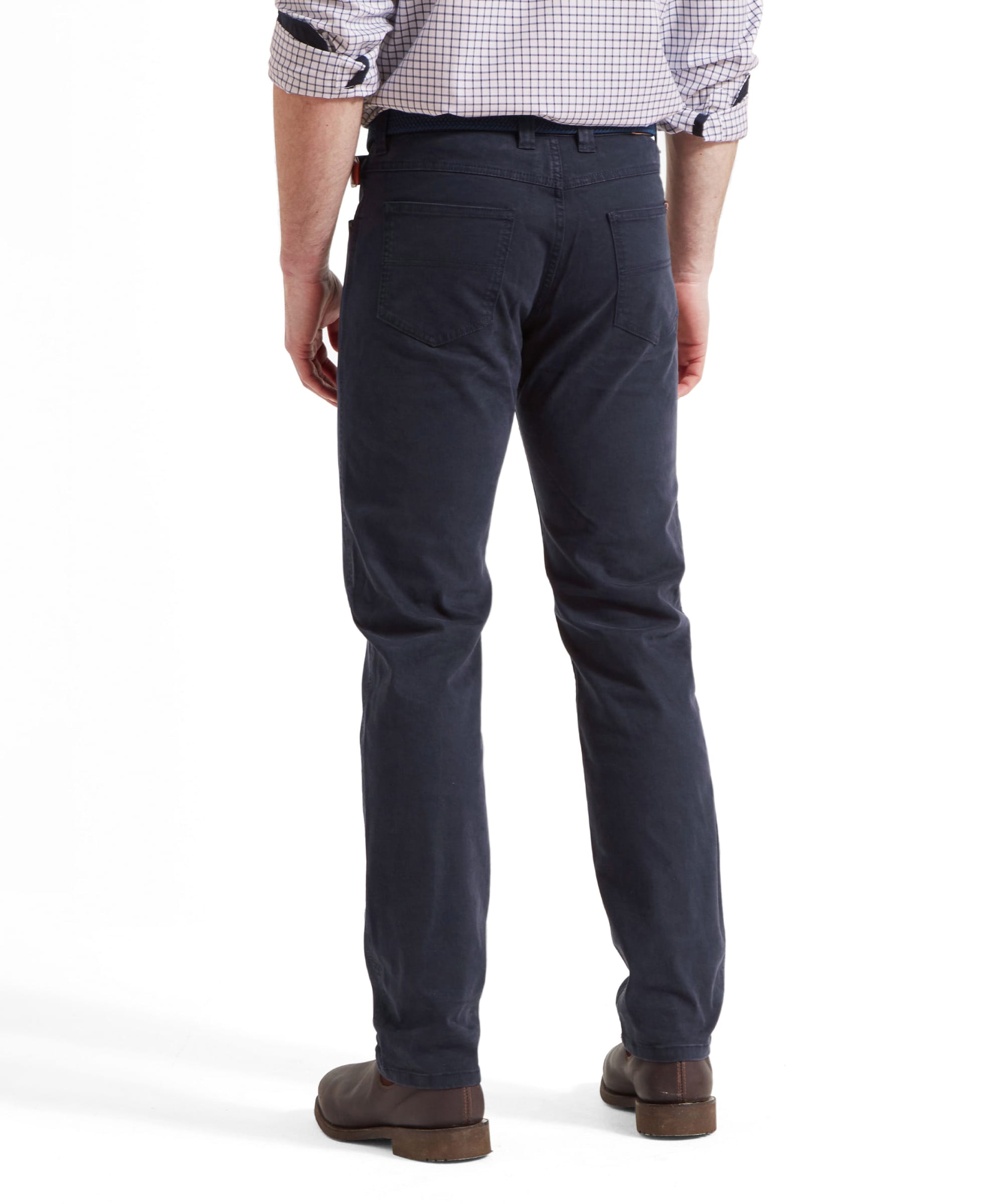 Rear view of the Schöffel Canterbury 5 Pocket Jean for Men in Navy, highlighting the back pockets and stitching details.