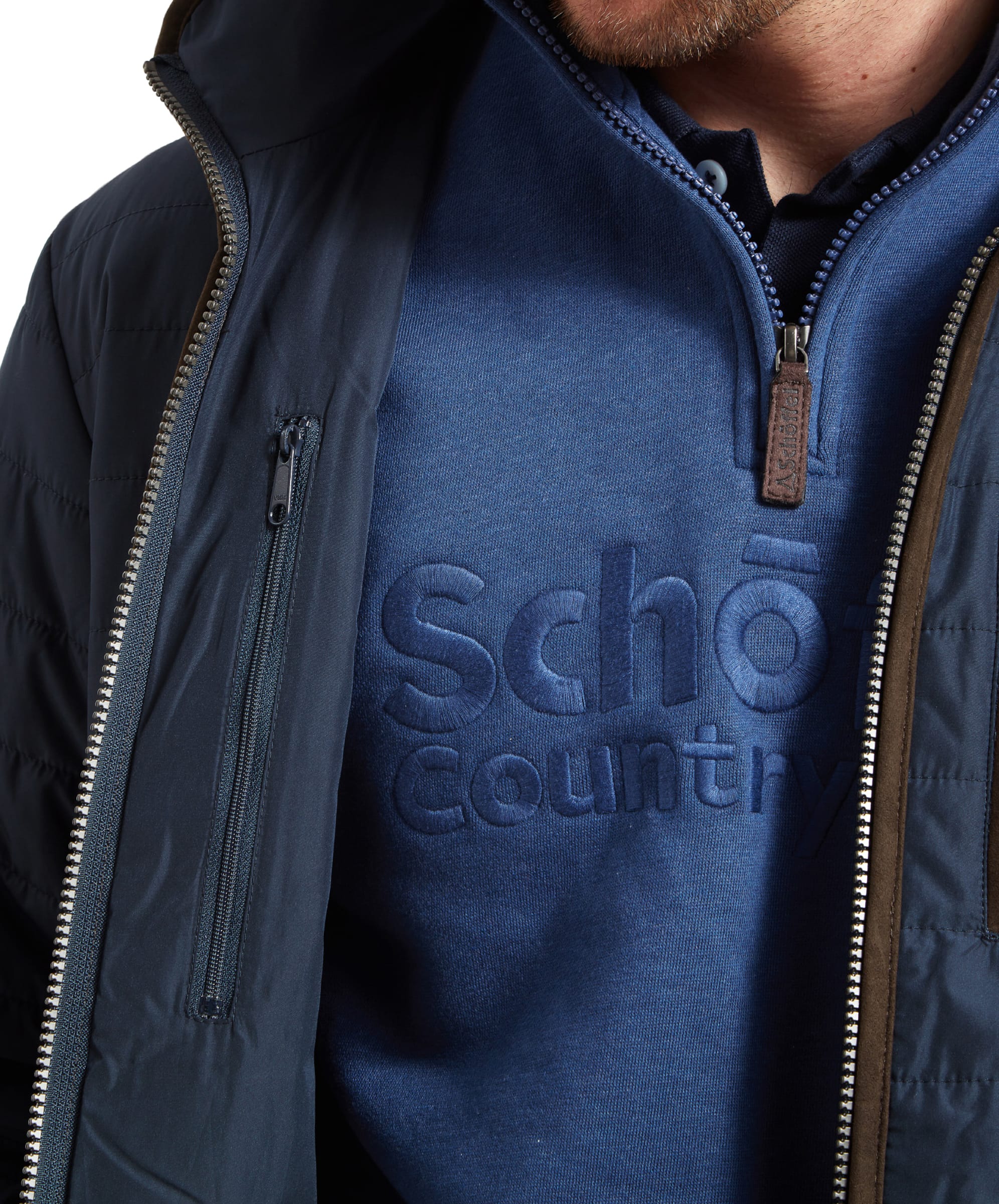 Inside view of the Schöffel Carron Jacket for Men in Navy, focusing on the interior security pocket and lining with the Schöffel brand embroidery on the sweater.