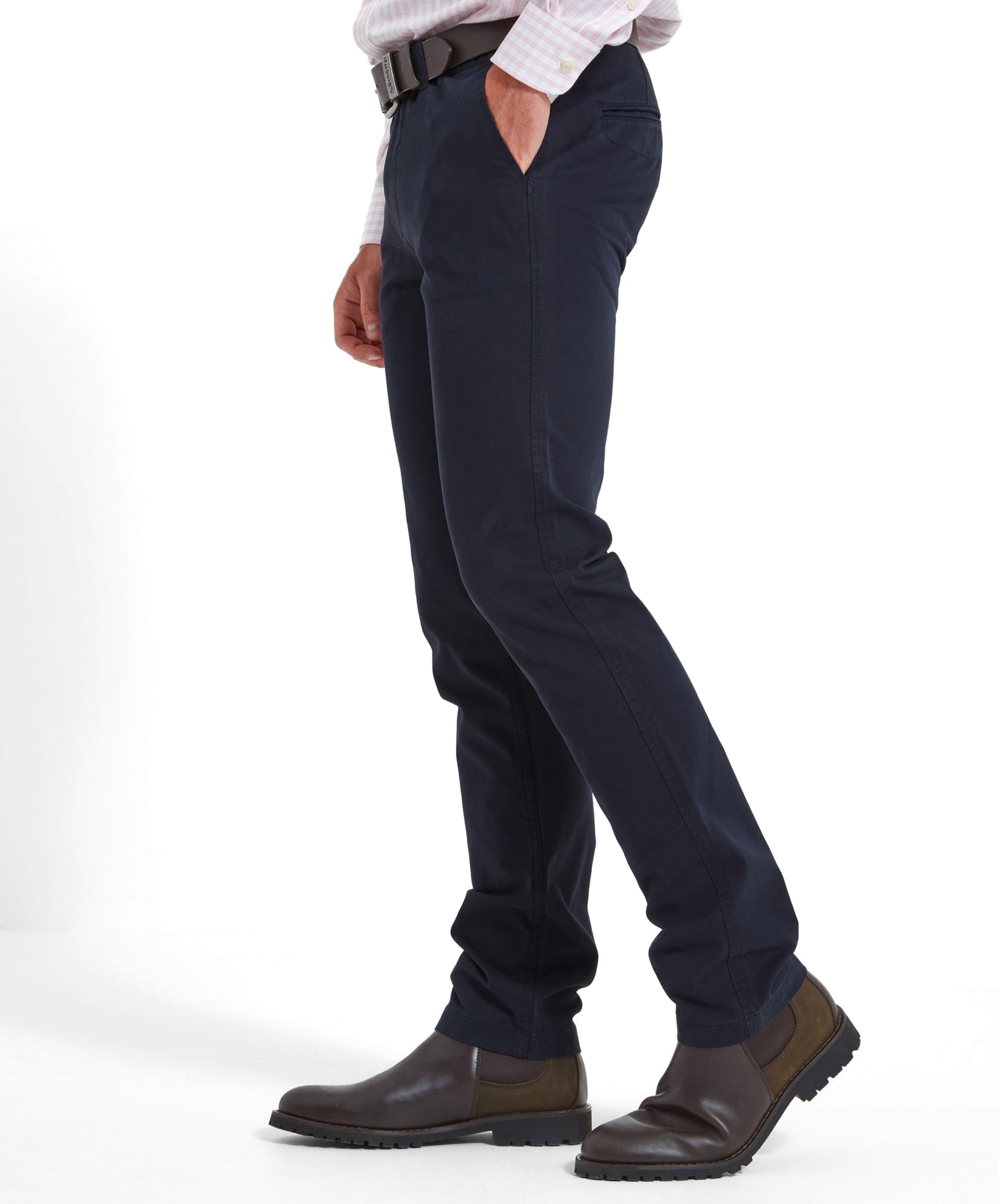 A side profile shot of a man wearing the Schöffel Chichester Chino in Navy, showing the fit and fabric.