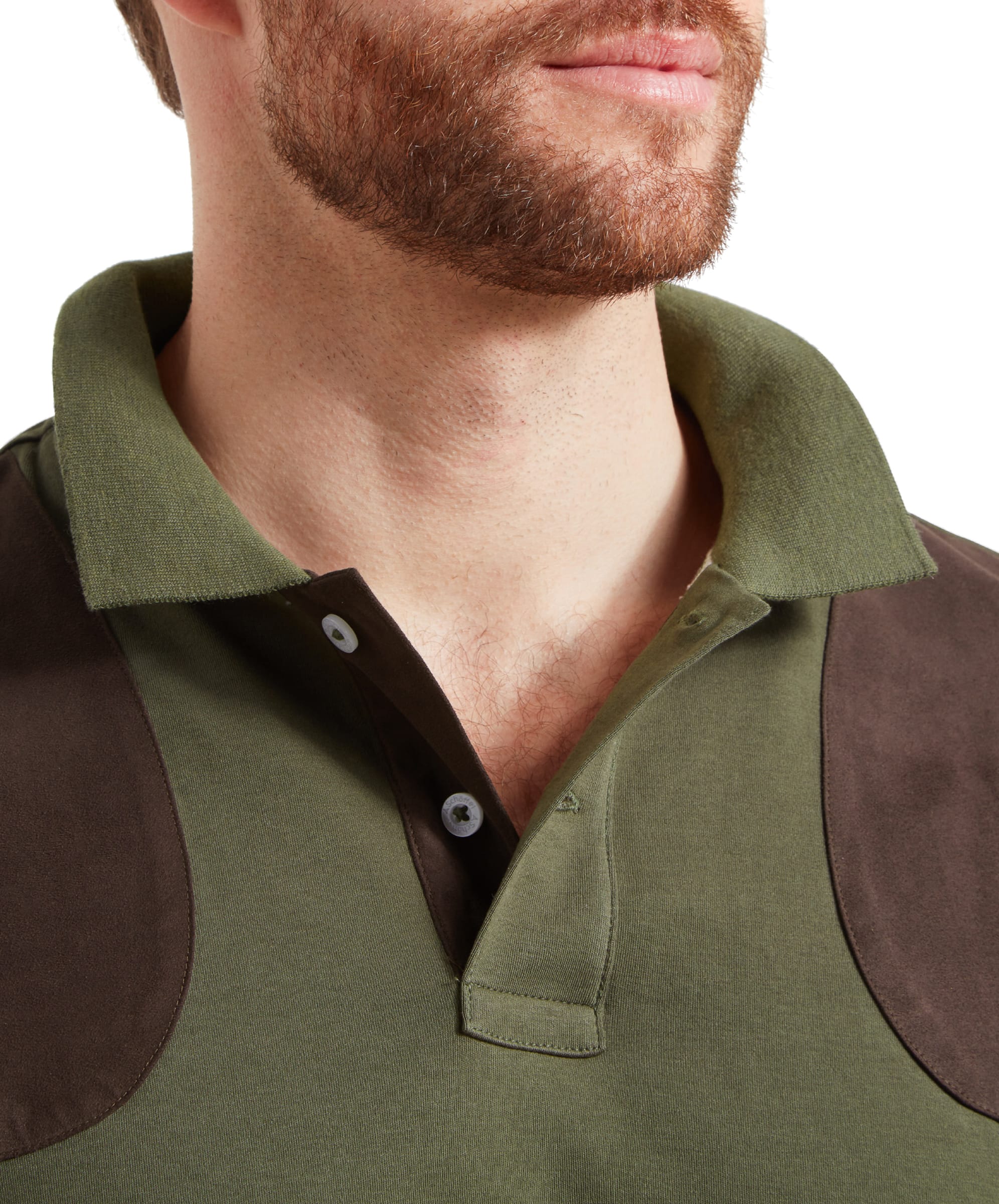 A close-up of the Schöffel Cordoba Polo Shirt for Men in Green, focusing on the collar and buttons.