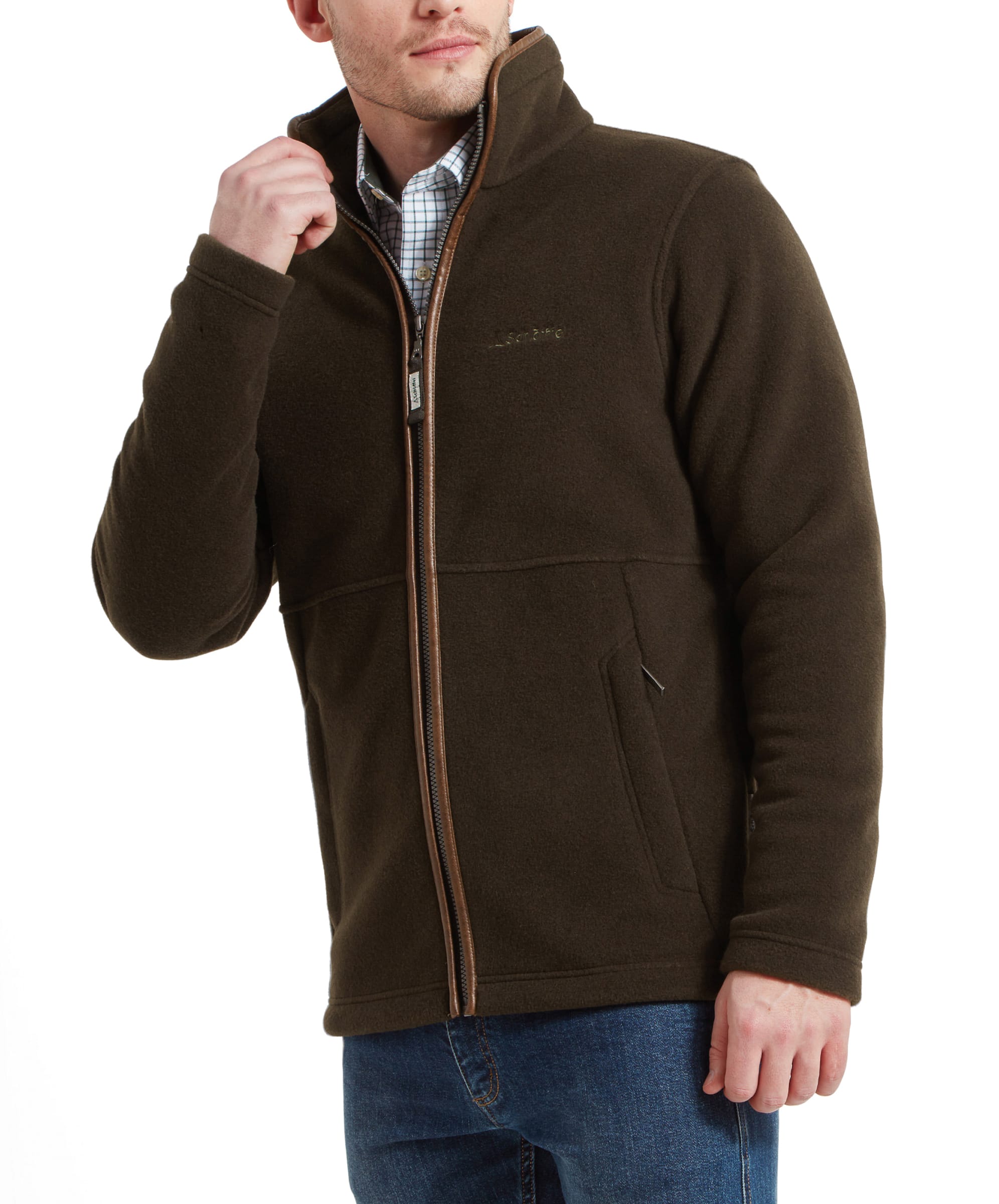 A side view image of the dark green Schöffel Cottesmore Fleece Jacket for Men in Dark Green, highlighting the fit and the man's profile.