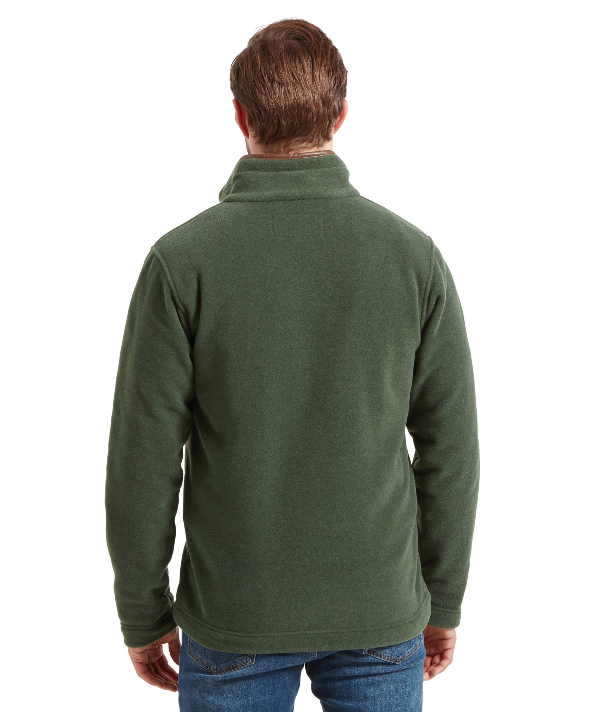 Back view of the model, detailing the Schöffel Cottesmore Fleece Jacket for Men in Green's rear design.