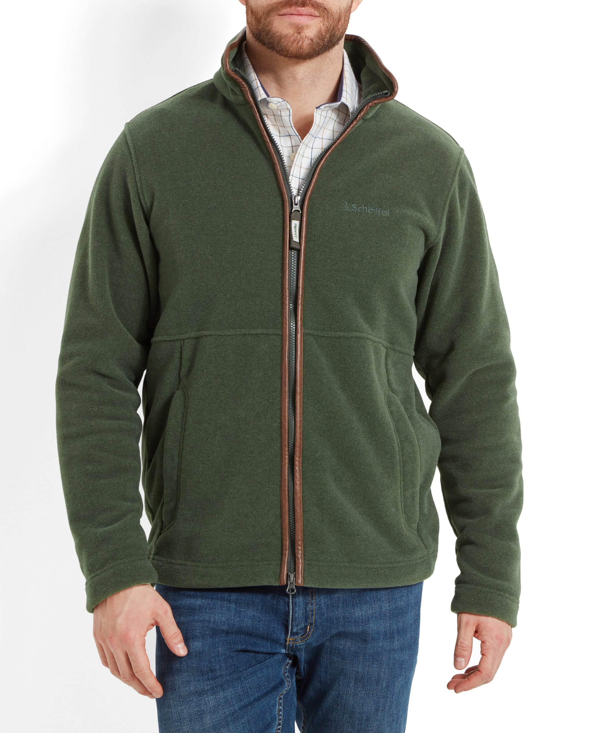 Front view with the model facing forward, hands at sides, emphasizing the Schöffel Cottesmore Fleece Jacket for Men in Green's overall look.