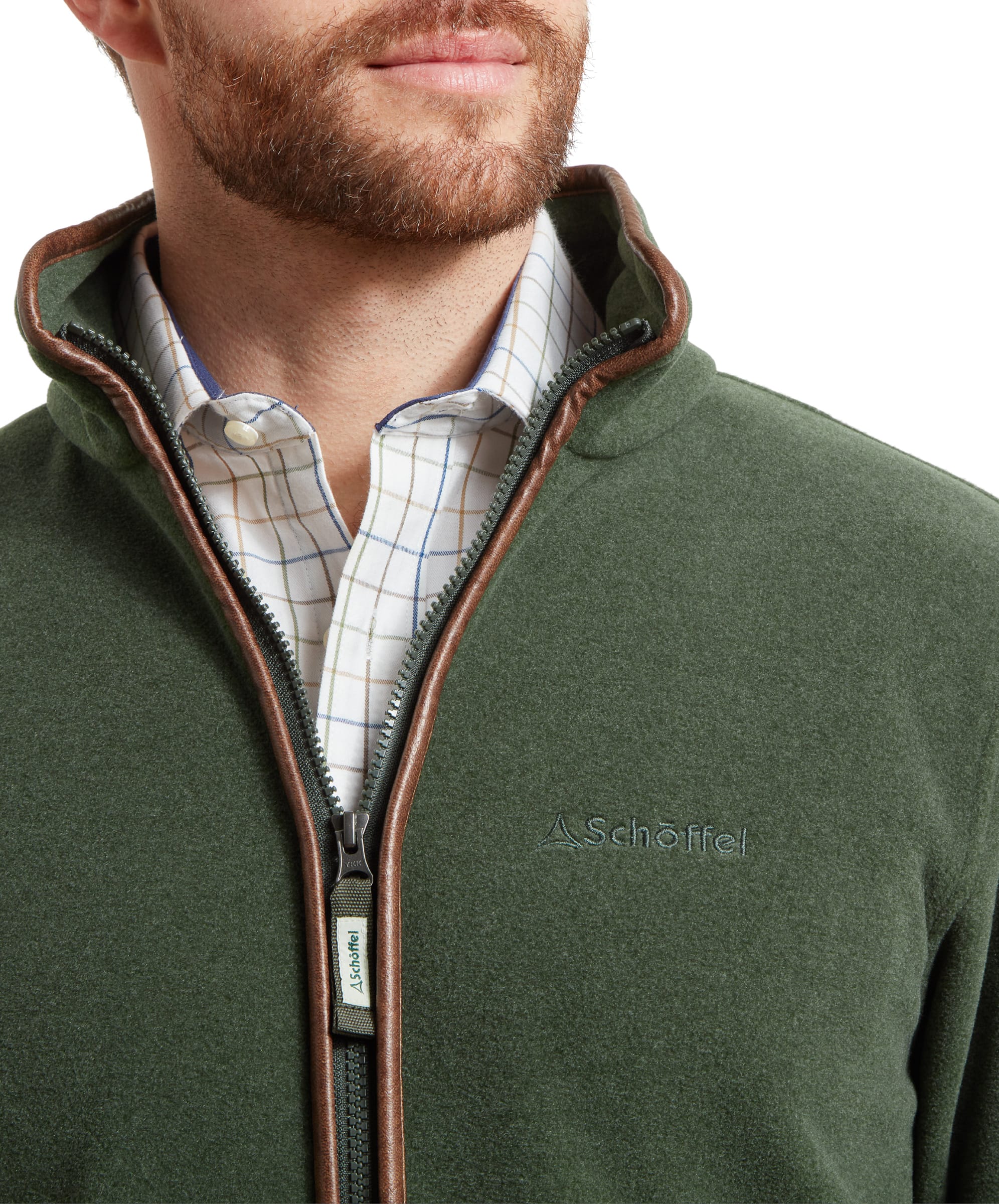 Close-up of the Schöffel Cottesmore Fleece Jacket for Men in Green's zip area, highlighting the Schöffel logo and detailing.