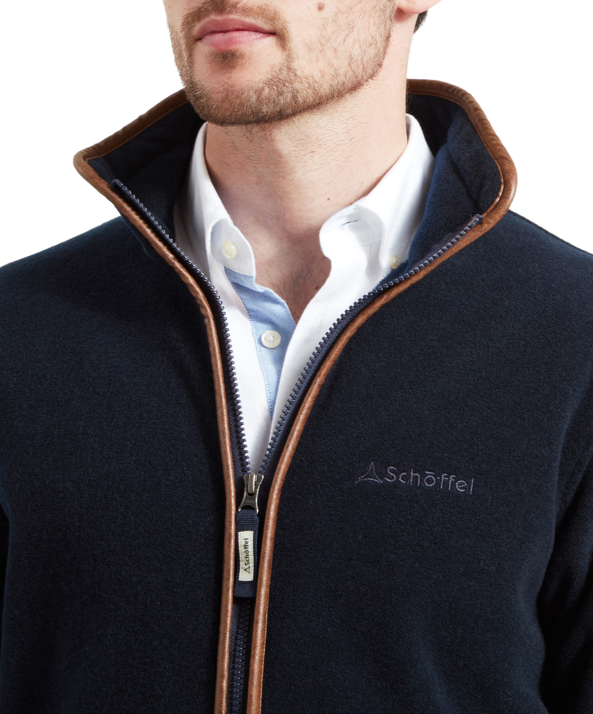 Close-up of the zipper and collar detail on Schöffel Cottesmore Fleece Jacket for Men in Navy.