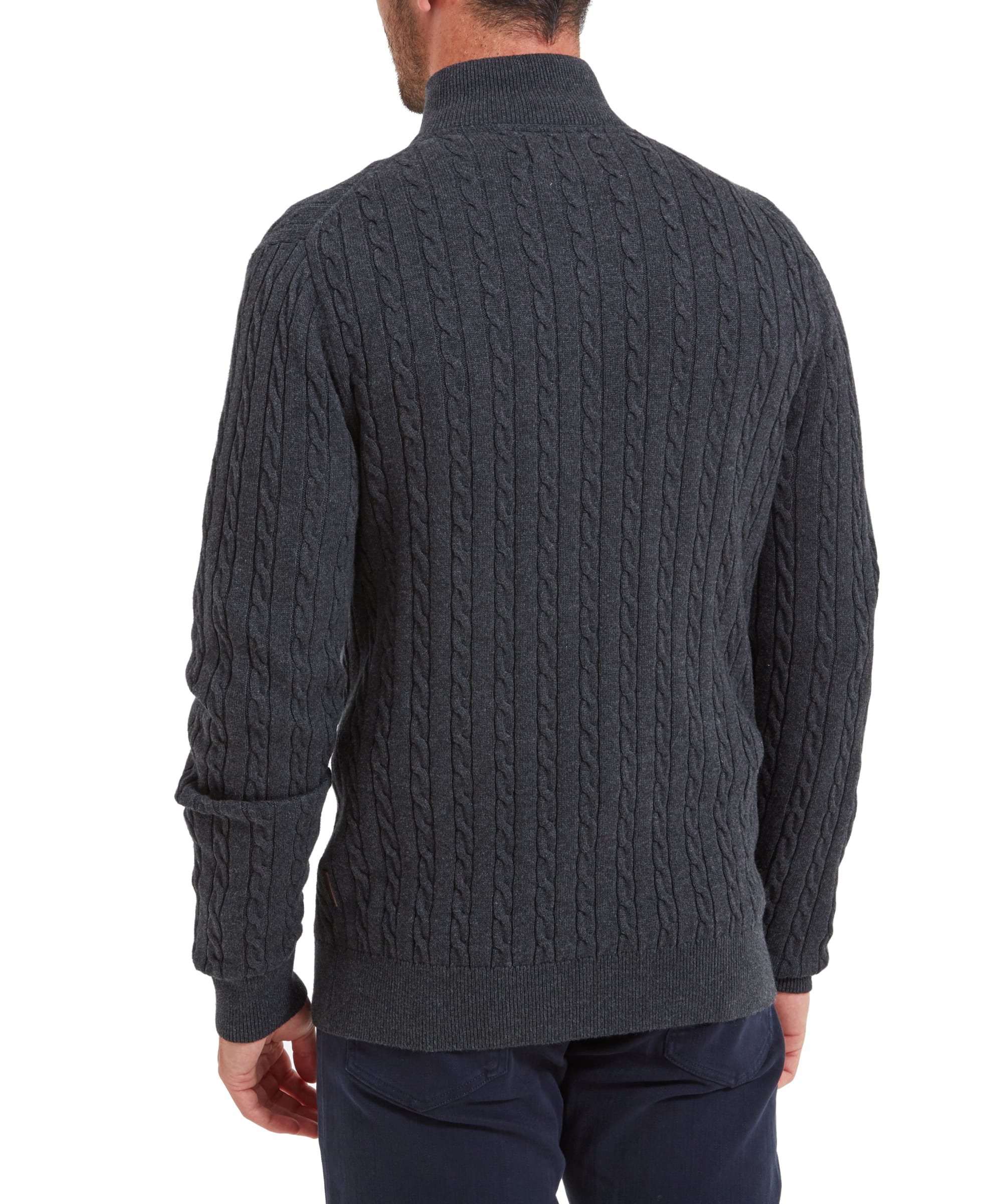 Rear view of the Schöffel Cotton Cashmere Cable 1/4 Zip Jumper for Men in Grey, highlighting the cable knit design.