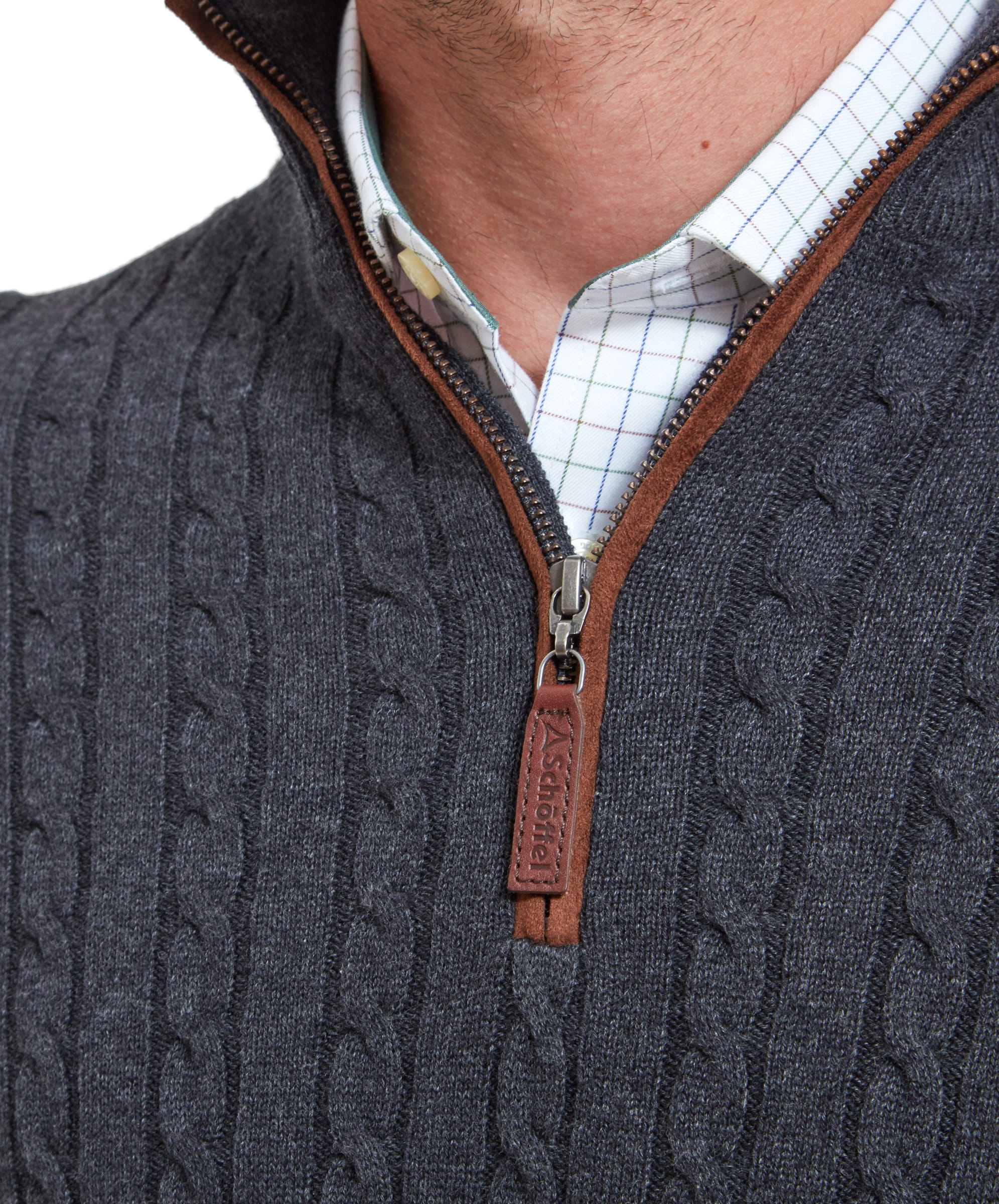 Detailed image of the zipper and collar area of the Schöffel Cotton Cashmere Cable 1/4 Zip Jumper for Men in Grey.