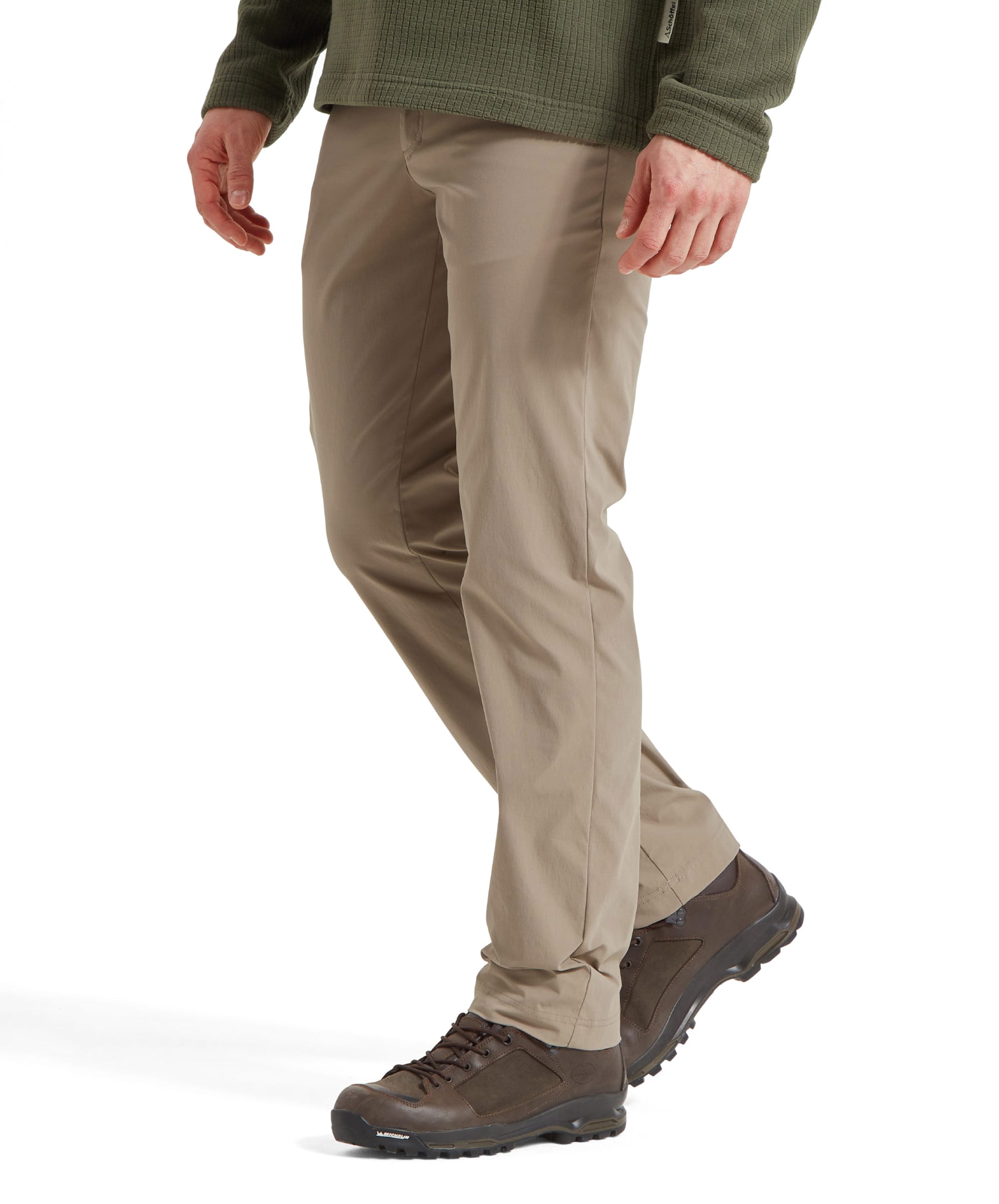 Side view of the Schöffel Men's Deveron Fly Fishing Trousers in Light Brown, showcasing the slim fit and comfortable fabric.