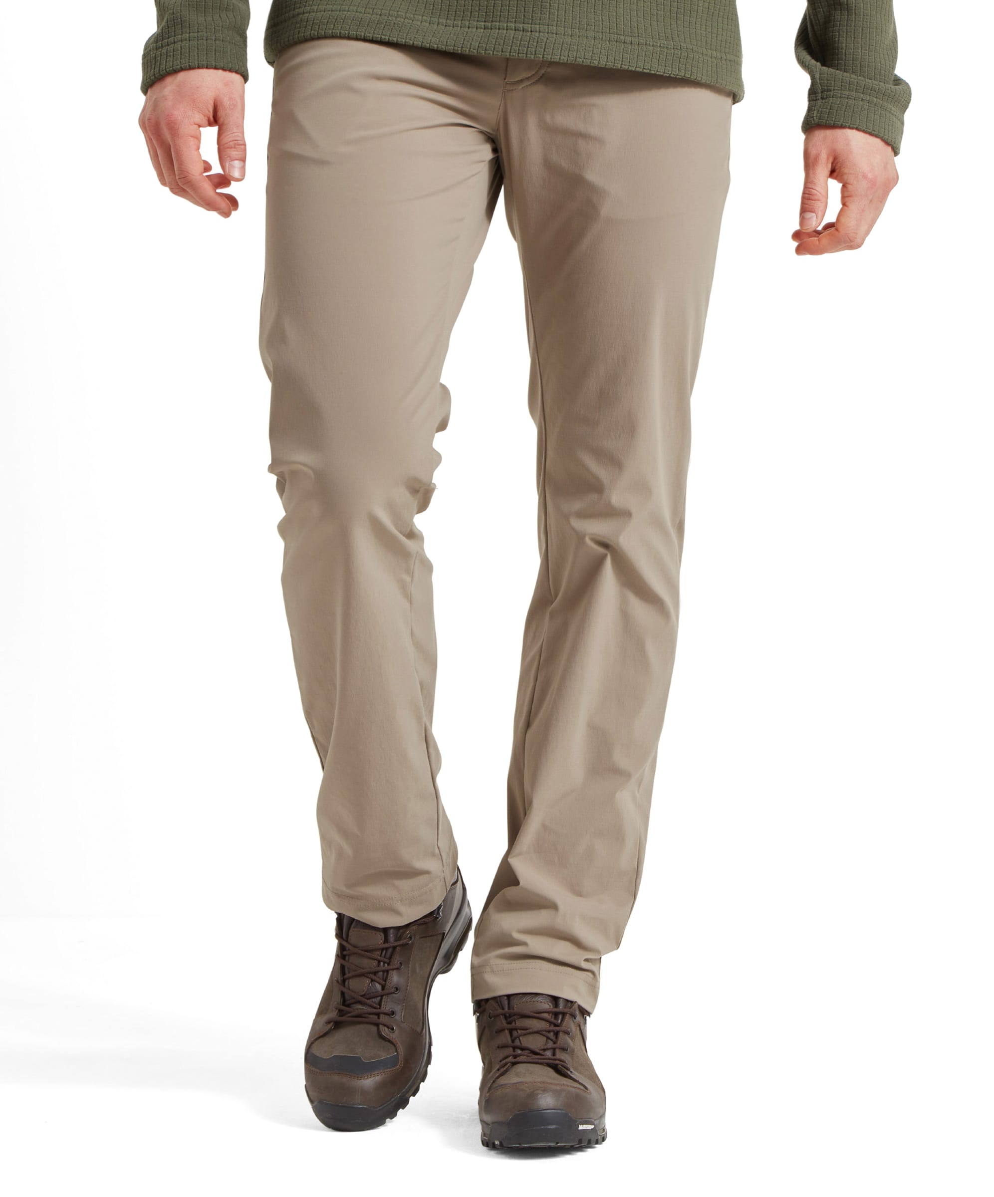 Front view of Schöffel Men's Deveron Fly Fishing Trousers in Light Brown, paired with brown hiking boots, showing the practical design for outdoor activities.