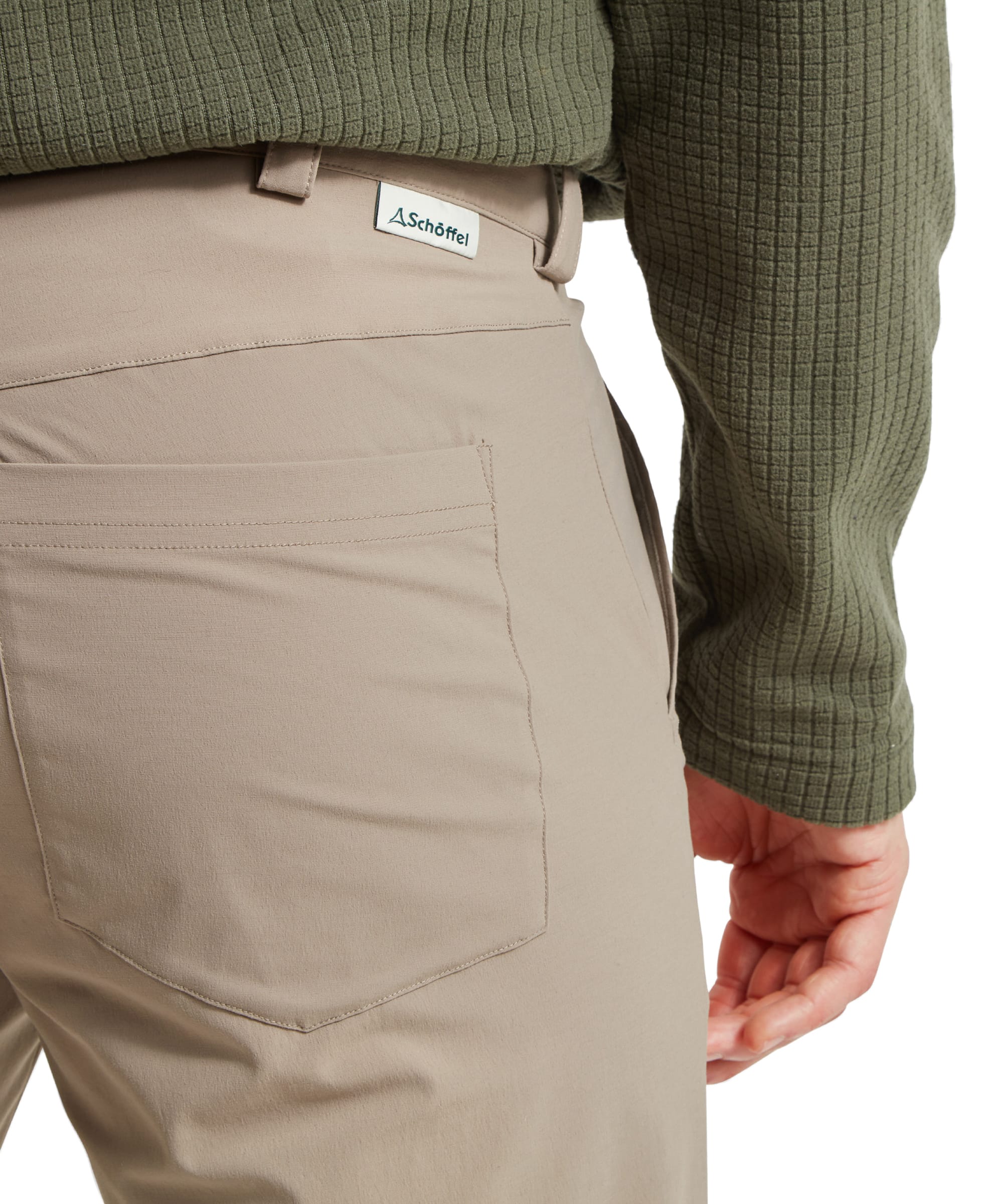 Close-up of the pocket detail on the Schöffel Men's Deveron Fly Fishing Trousers in Light Brown, emphasizing the quality and functional design.